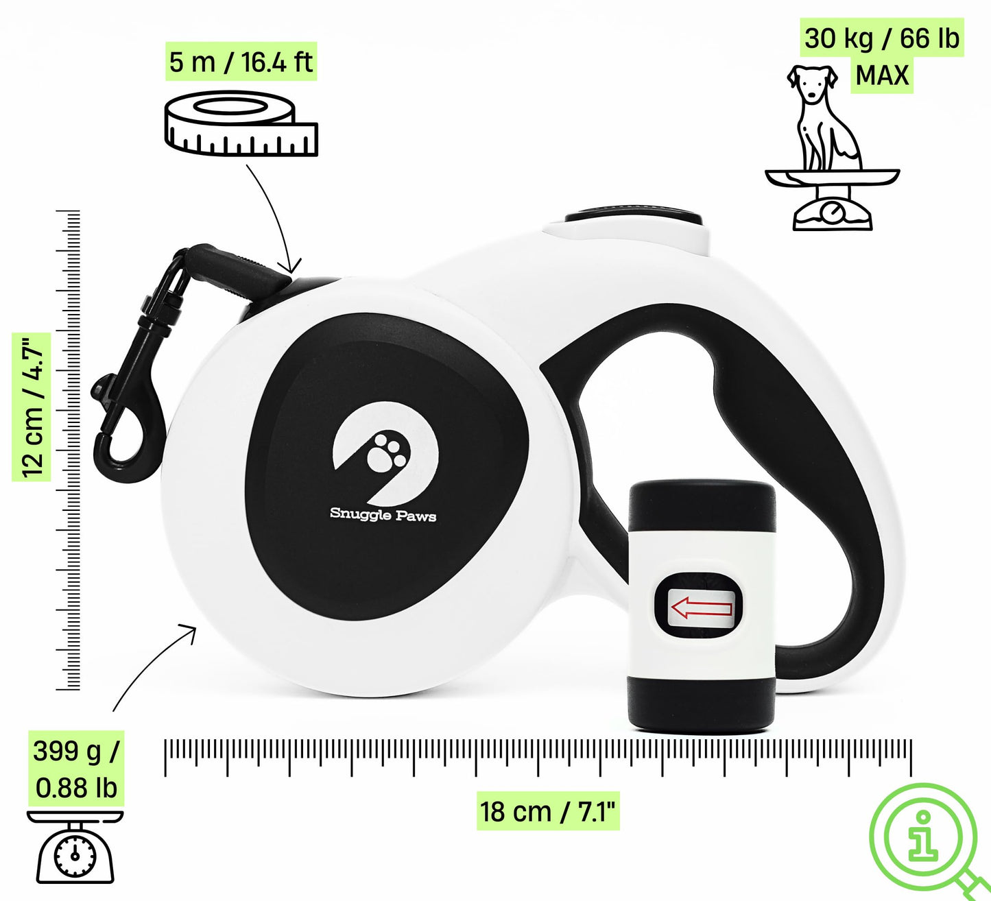Snuggle Paws Correa Perro Extensible 5m Todo en Uno – Luz LED, Dispensador de Bolsas, Cable Antimordida y Cinta Reflectante | Correa Retráctil para Perros Medianos hasta 30kg