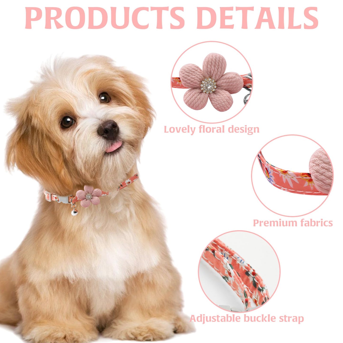 Collares de Perro pequeños para Perros Femeninos, Collar de Perro Rosa Floral,Collares de Perro para Perros pequeños, medianos y Grandes (Rosa, Cuello de 7.9 a 11.8 Pulgadas)