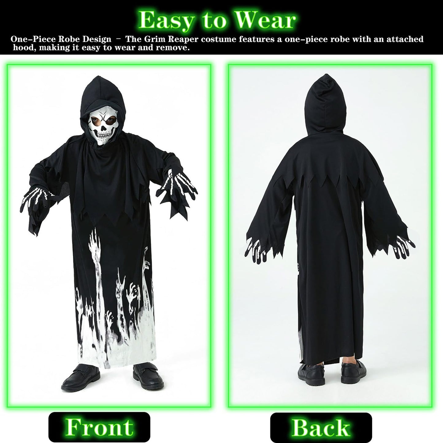 AEYAKA Disfraz Infantil Grim Reaper que Brilla en la Oscuridad, Capucha Negra con Máscara de Calavera, Guantes, Guadaña para Niños Niñas, Traje de Fantasma Terrorífico Cosplay Halloween Regalos S