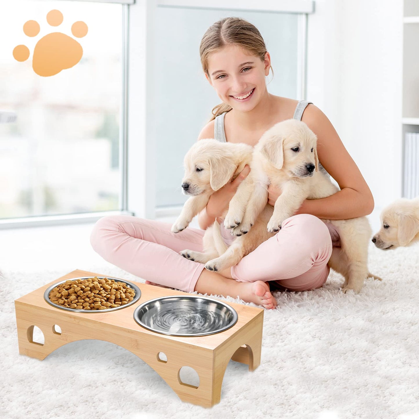 MMcRRx Comedero Perro Elevado 2 * 1100ML, Plato Perro Elevado Grande de Acero Inoxidable, Comedero Doble Alto Platos con Bambú Soportes