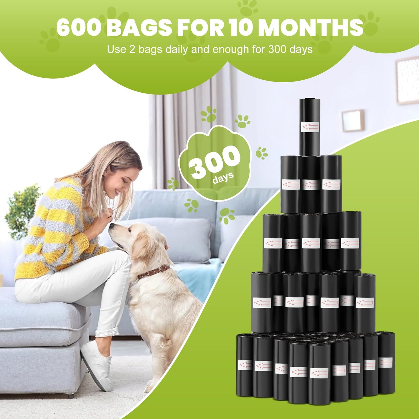 Bolsas Caca Perro 600 Unidades, Negro Bolsas Excrementos Perros, Robusto y a Prueba de Fugas (40 Rollos, 15 por Rollo)