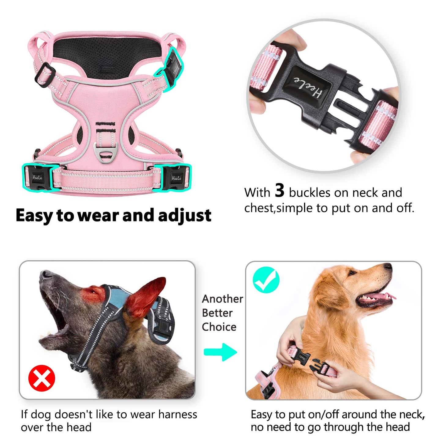 Arnés para Perro Mediano Arnes para Perro Chaleco Reflectante con 3 Hebillas de Liberación Pápida Arnés para Perro Ajustable, Mango Acolchado, Confort, Liberacion del Cuello, Rosa Claro, L