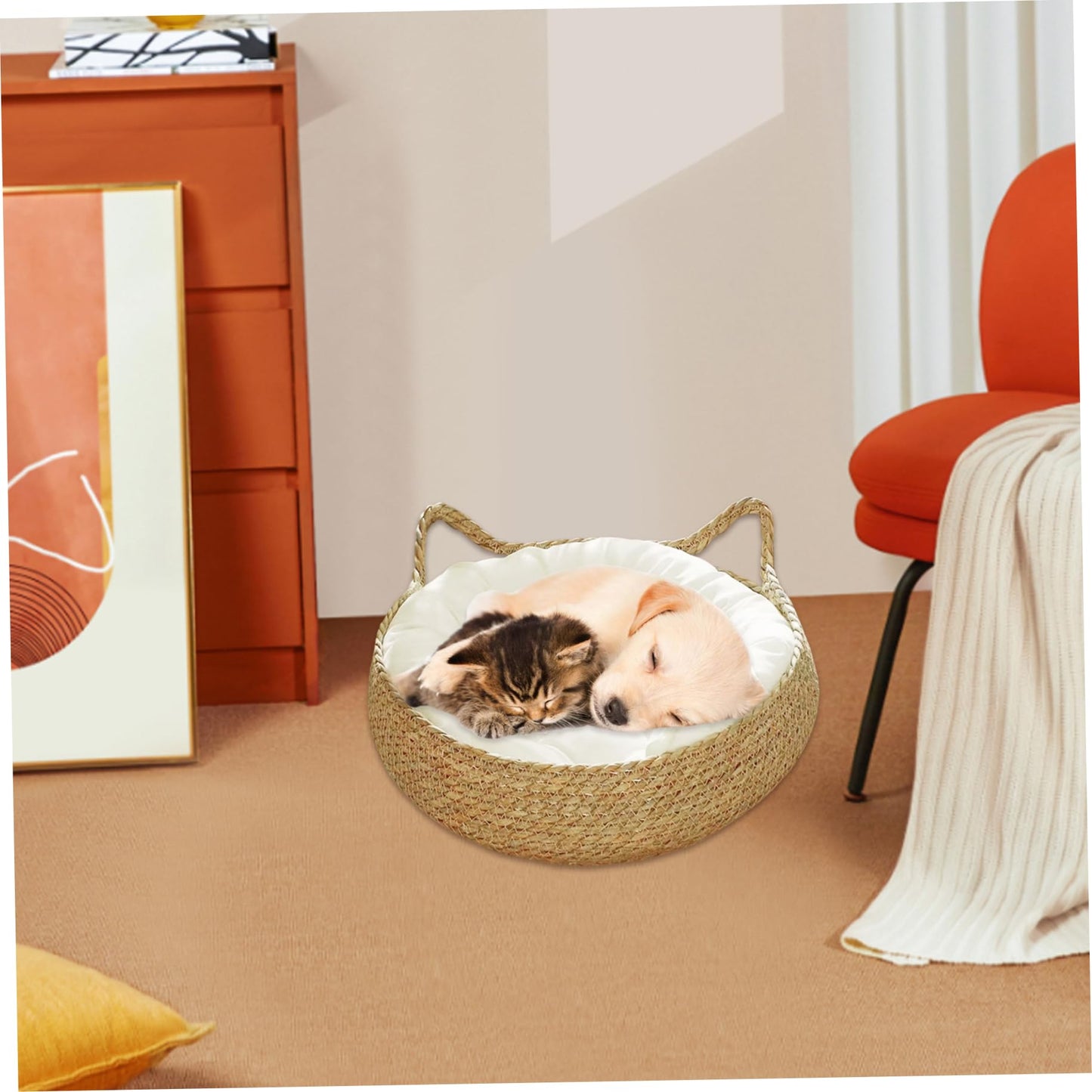 Cama de Gato, Cama de cestas de Gato Tejidas de 15 Pulgadas con cojín Suave, Nido de Cesta de Gato de Mimbre Redondo, Cama de Gatito Acogedor sin Deslizamiento para Gatos pequeños Perros