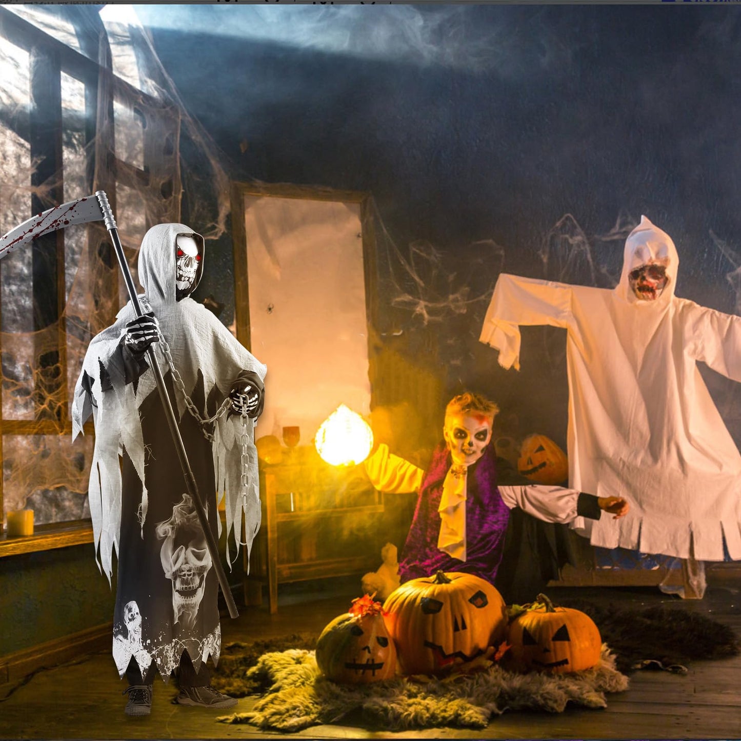 Disfraz de Parca, Muerte Niño, Halloween, Fantasma, Grim Reaper Con Sombrero, Guantes, Hoz, Guadaña para Carnaval Costume Cosplay