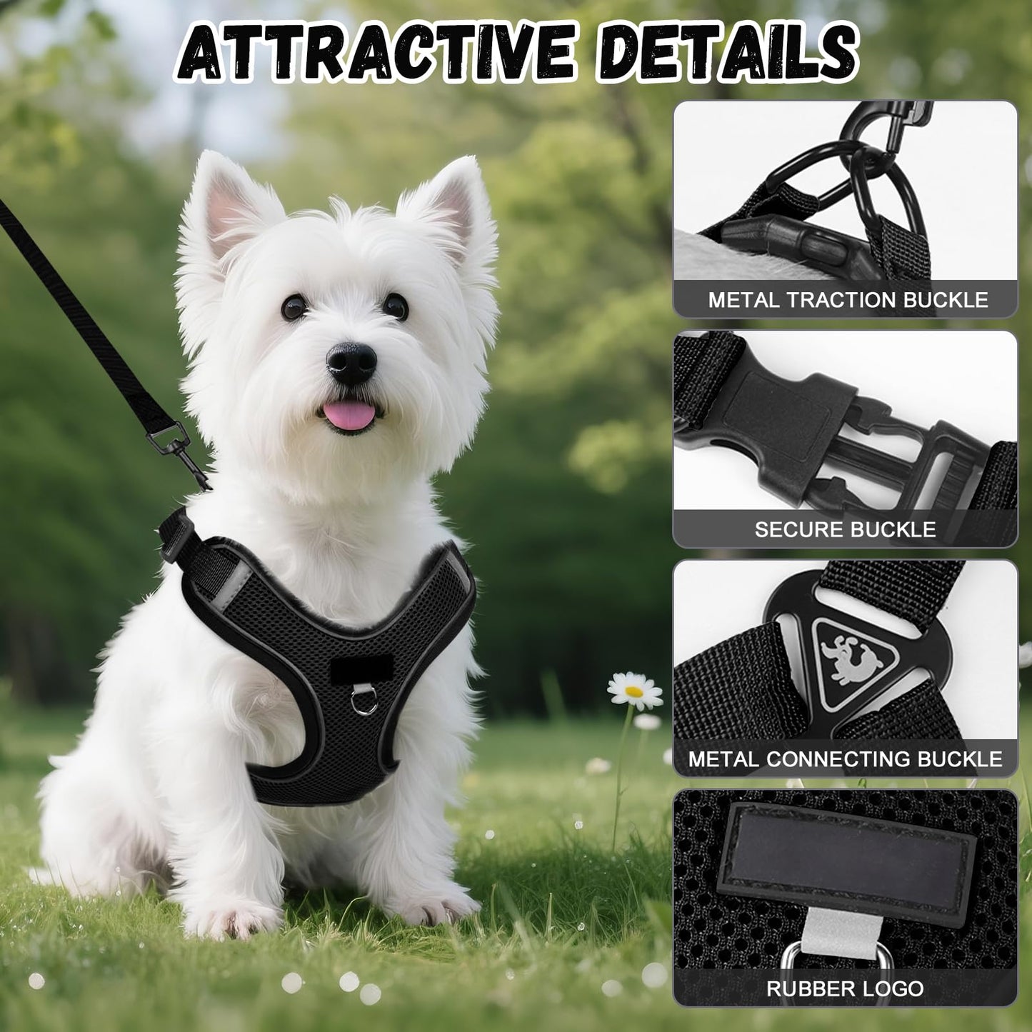 Arnés Perro y Conjunto de Correa, Arnés Reflectante & Antitirones para Perro, Chaleco Acolchado Cómodo y Ajustable para Perros, Ideal para Que tu Mascota Pasee & Capacitación (Negro, XS)