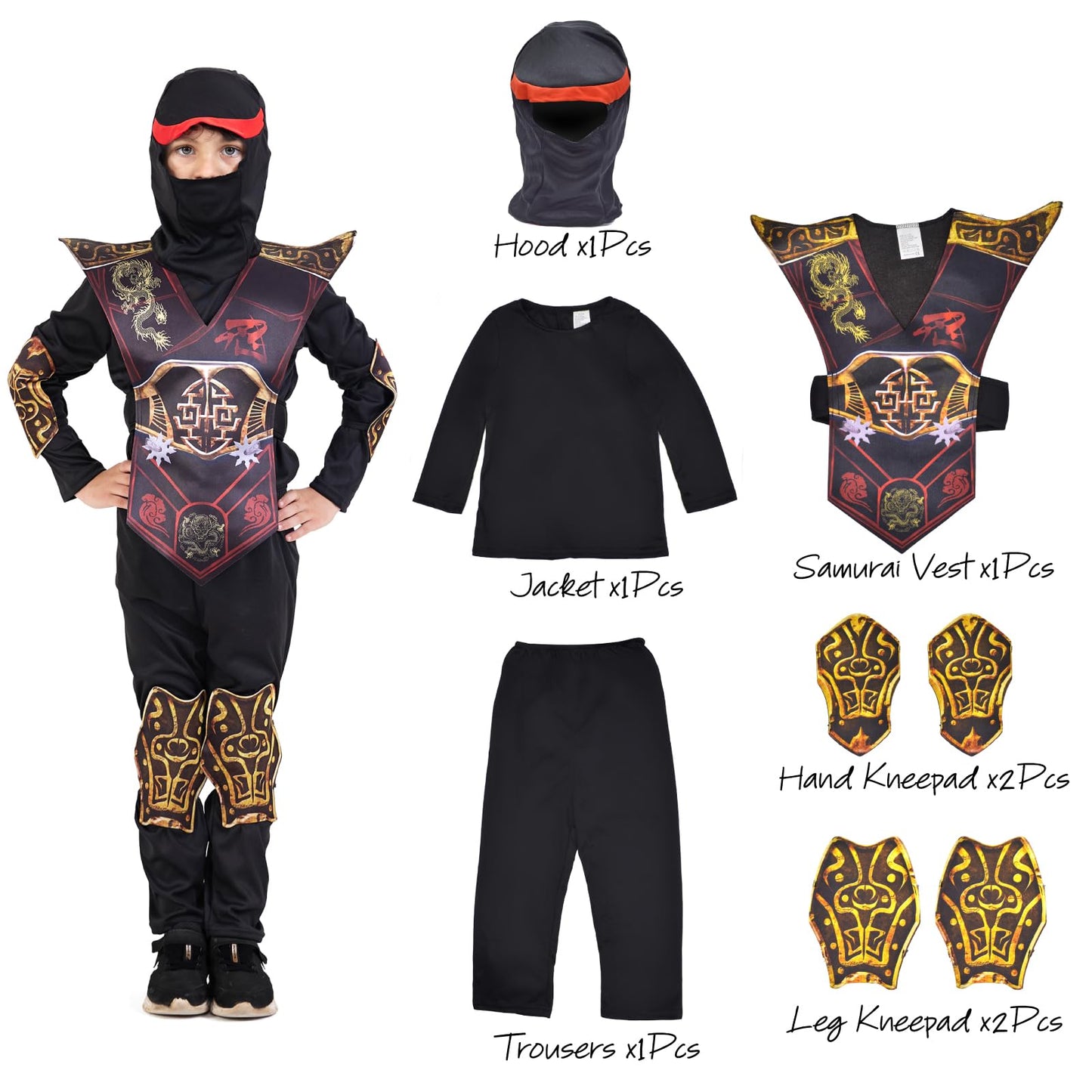 Disfraz infantil de ninja para Halloween, disfraz de dragón ninja, músculos, disfraz de carnaval (negro, 10-12 años)