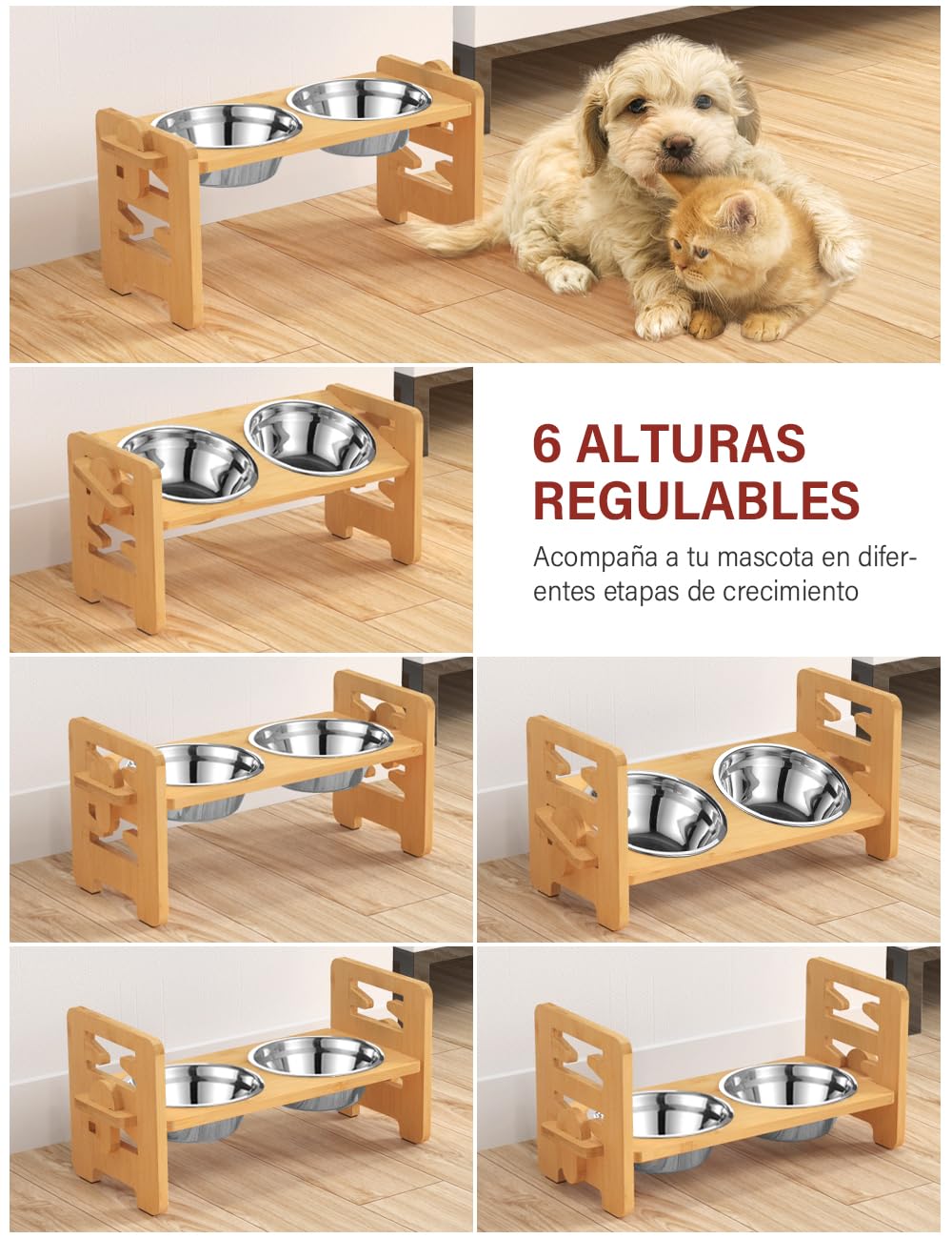 Vantic Comedero Perro Elevado de 6 Alturas Ajustables, Comedero Elevado Perro con 2 Cuencos de Acero y 4 Pies Antideslizantes Incluidos