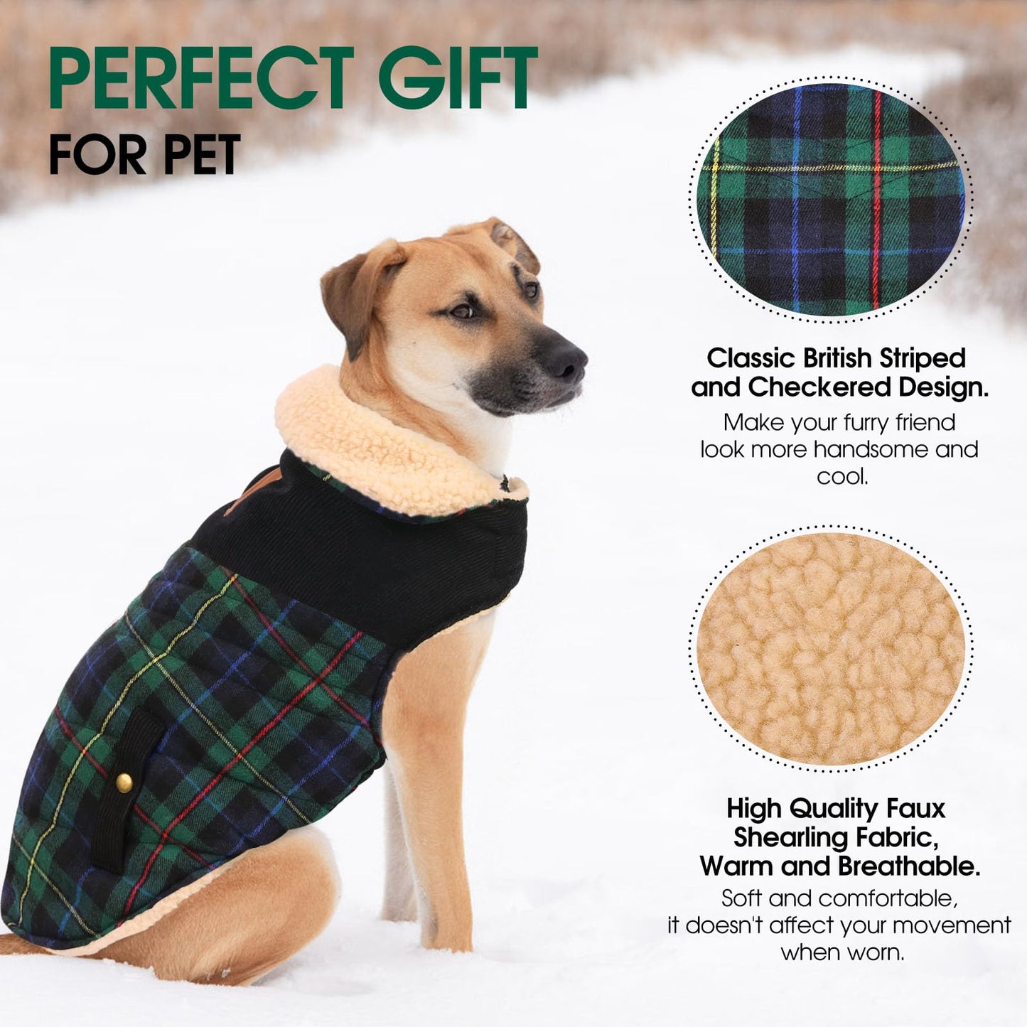 Abrigo para Perro Invierno - Chaleco Polar Grueso con Estampado Tartán, Ropa Cálida para Perros Pequeños/Medianos, Chaqueta Térmica Chihuahua o Teckel, Verde, XS