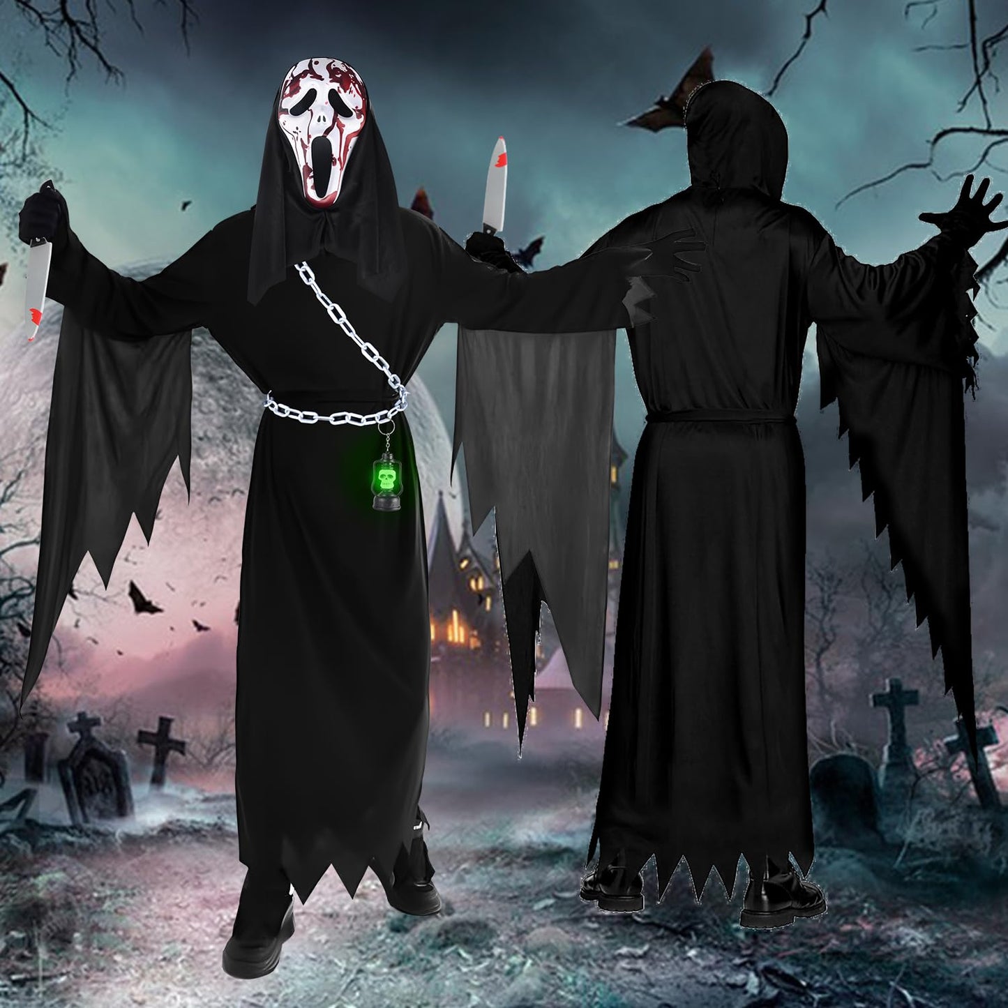 Disfraz Scream para Niños Halloween Scream Costume con Máscara Ghostface y Cuchillo de Juguete Sangriento, Disfraces Halloween de la Película de Terror (100)