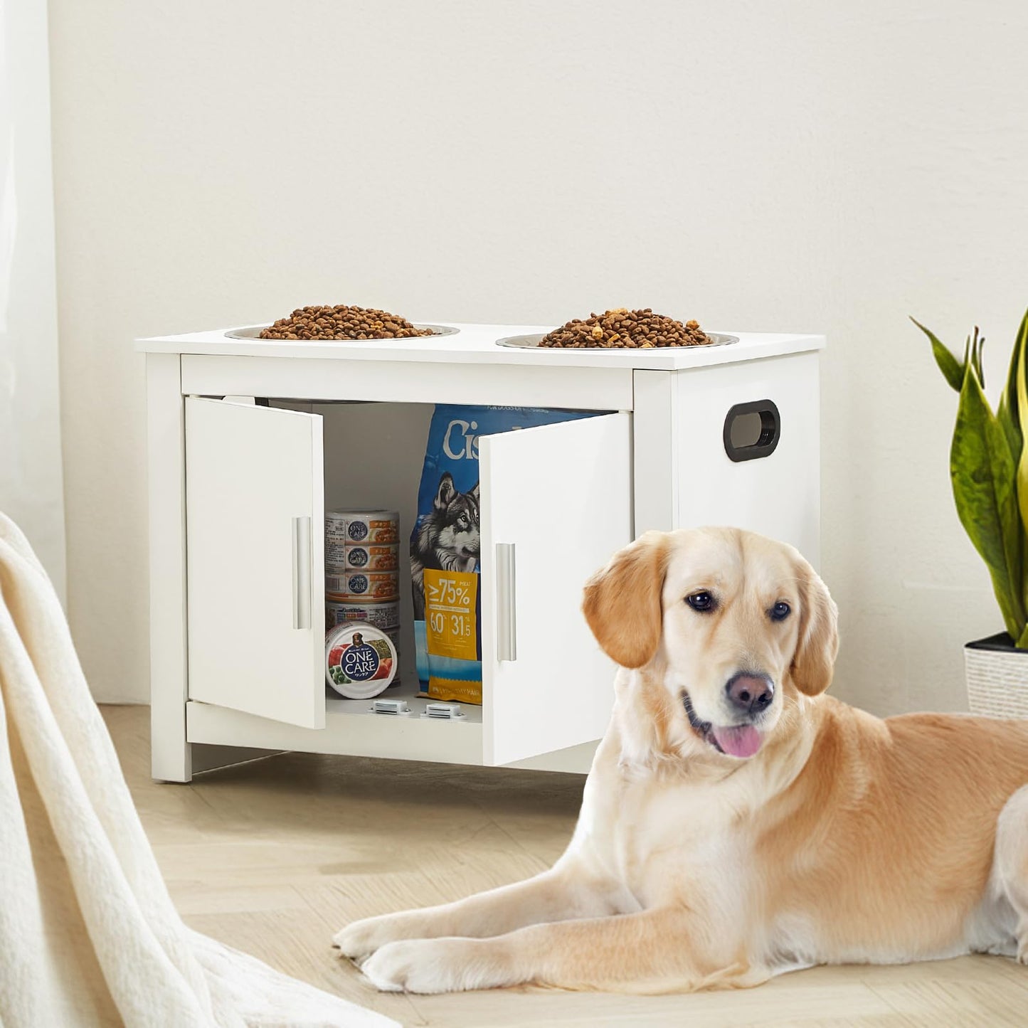 VEVOR Estación de Alimentación 60x30x44 cm Comedero Elevado para Perros con 2 Cuencos de Acero Inoxidable Armario de Madera para Comida para Mascotas con Puerta Doble para Perros Grandes, Blanco