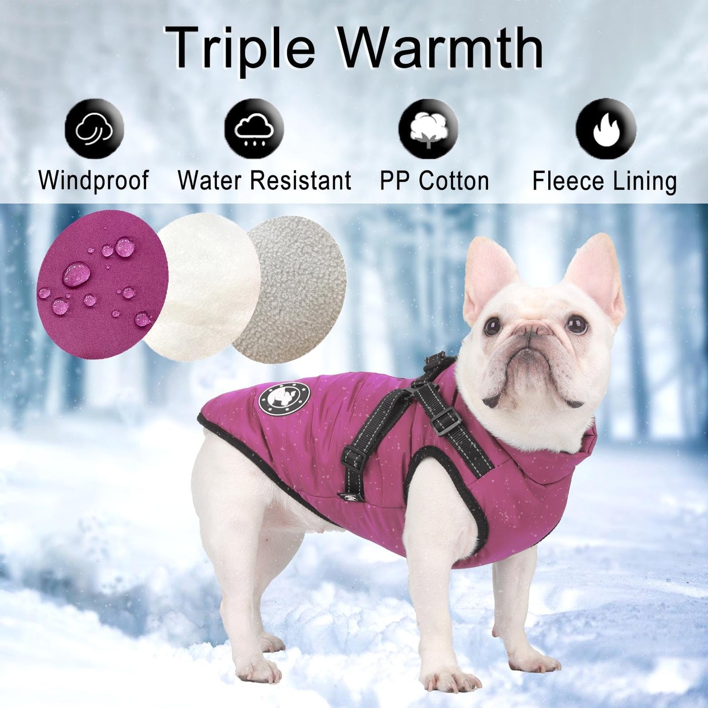 Abrigo para Perros de Invierno, Resistente al Viento, Impermeable, Abrigo para Perro con Arnés, Ropa para Climas Fríos, Chaqueta Cálida de Invierno