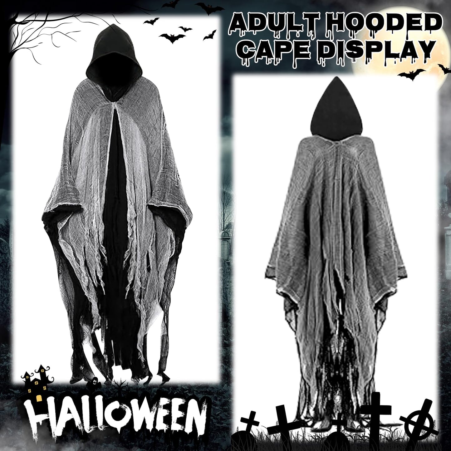 Disfraz Halloween Hombre Terror: Fantasma Costume Halloween Capa con Capucha - Disfraz Grim Reaper Bruja Fantasma para Adulto Hombre Mujer (Negro)