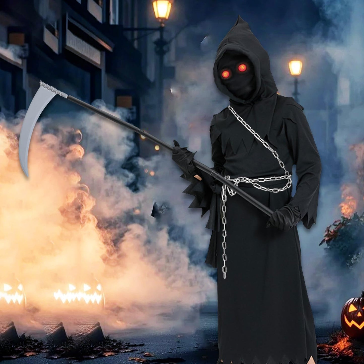 Disfraz Halloween Niño Muerte, Disfraz de la Muerte niño, Incluye Gafas Luminosas + Guadaña de la Muerte + Vadena + Guantes, Adecuado Para niños de 5 a 14 años