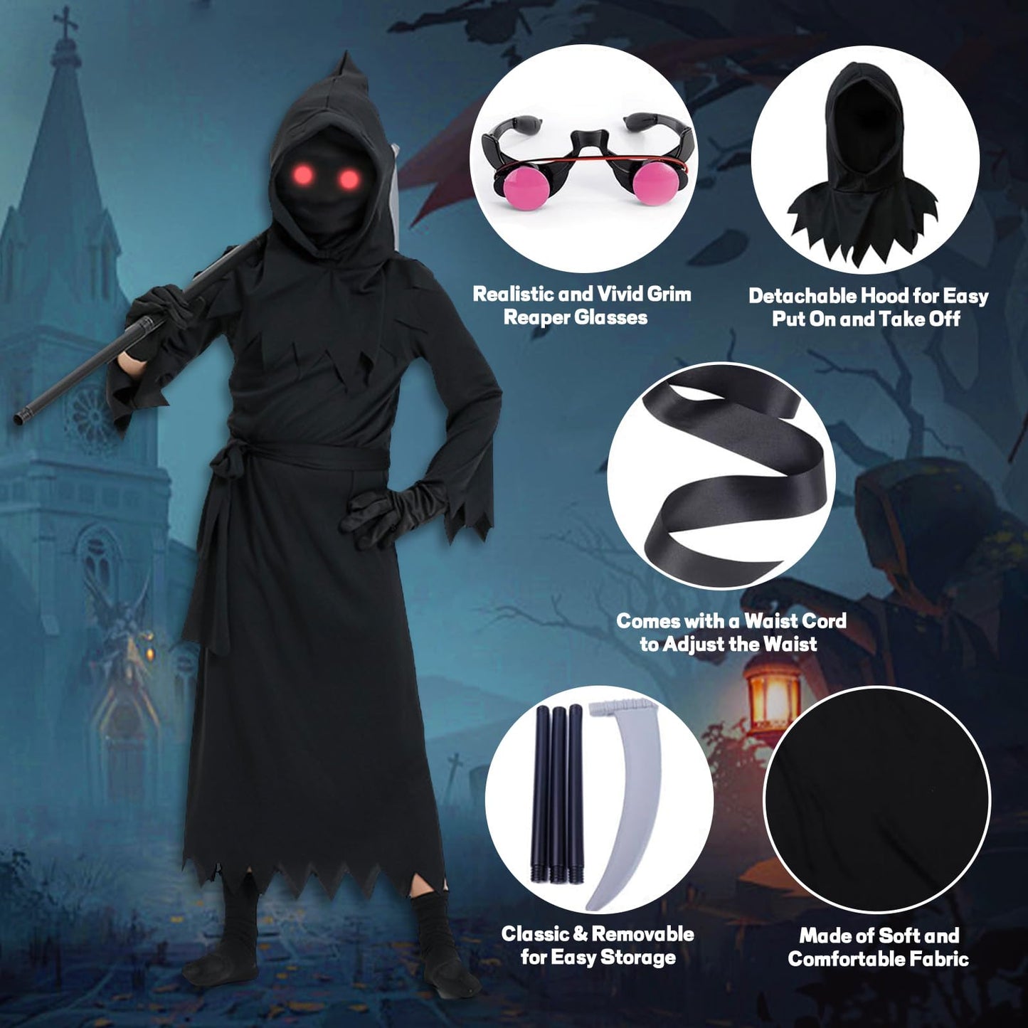 Disfraz Halloween Niño Muerte, Disfraz de la Muerte niño, Incluye Gafas Luminosas + Guadaña de la Muerte + Vadena + Guantes, Adecuado Para niños de 5 a 14 años