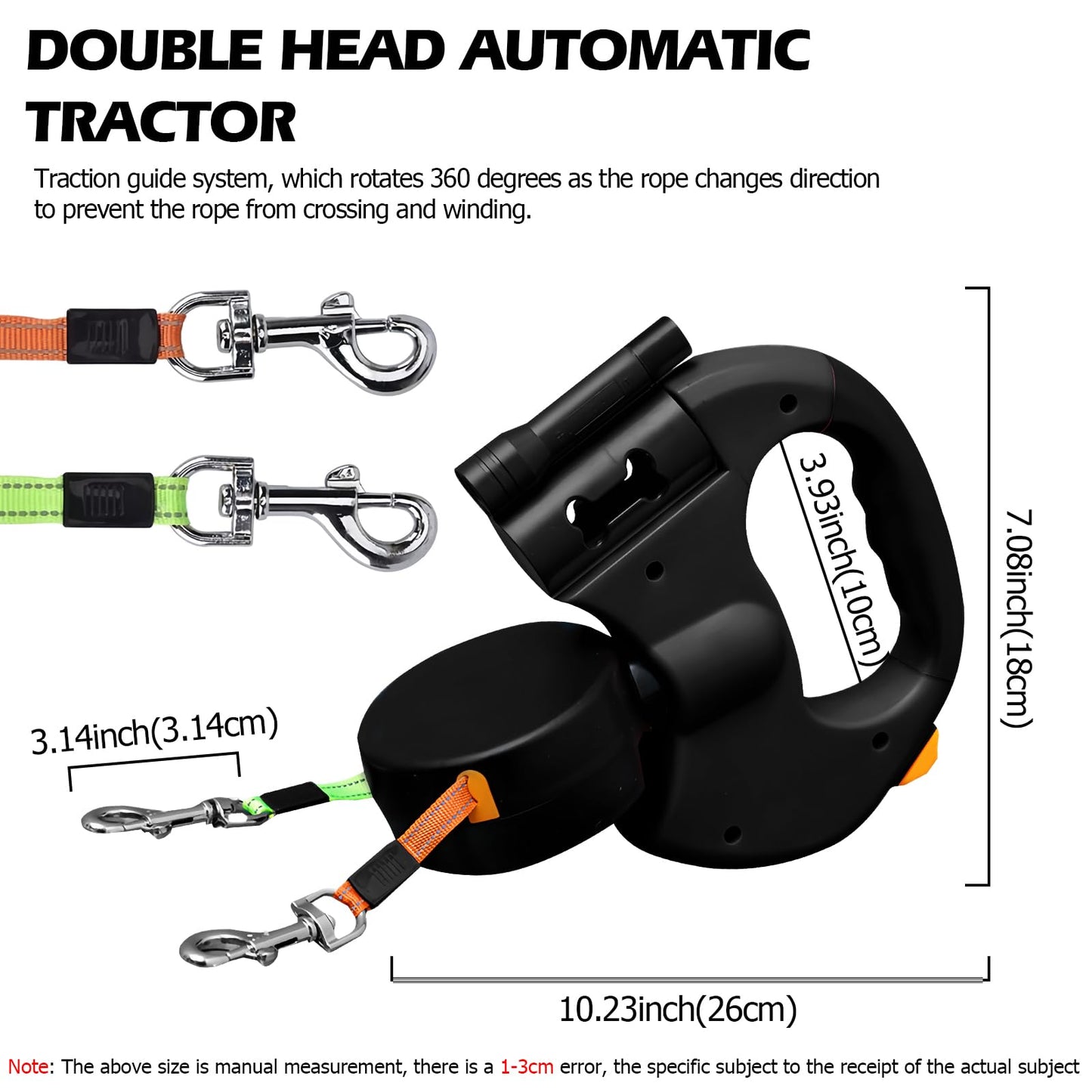 Correa Perro Extensible, Correas Flexi 3M Correa Doble Retráctil para Perro, Correa Extensible Perro Pequeño, con Linterna LED, Asa Ergonómica de Goma, para Perro Grande Mediano y Pequeño, hasta 30KG