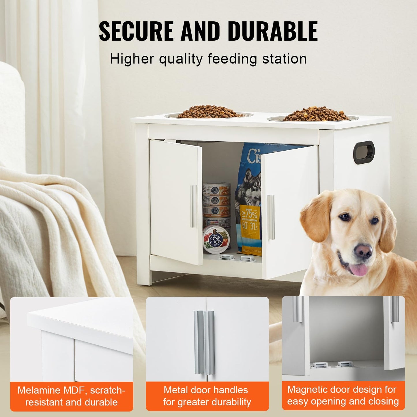 VEVOR Estación de Alimentación 60x30x44 cm Comedero Elevado para Perros con 2 Cuencos de Acero Inoxidable Armario de Madera para Comida para Mascotas con Puerta Doble para Perros Grandes, Blanco
