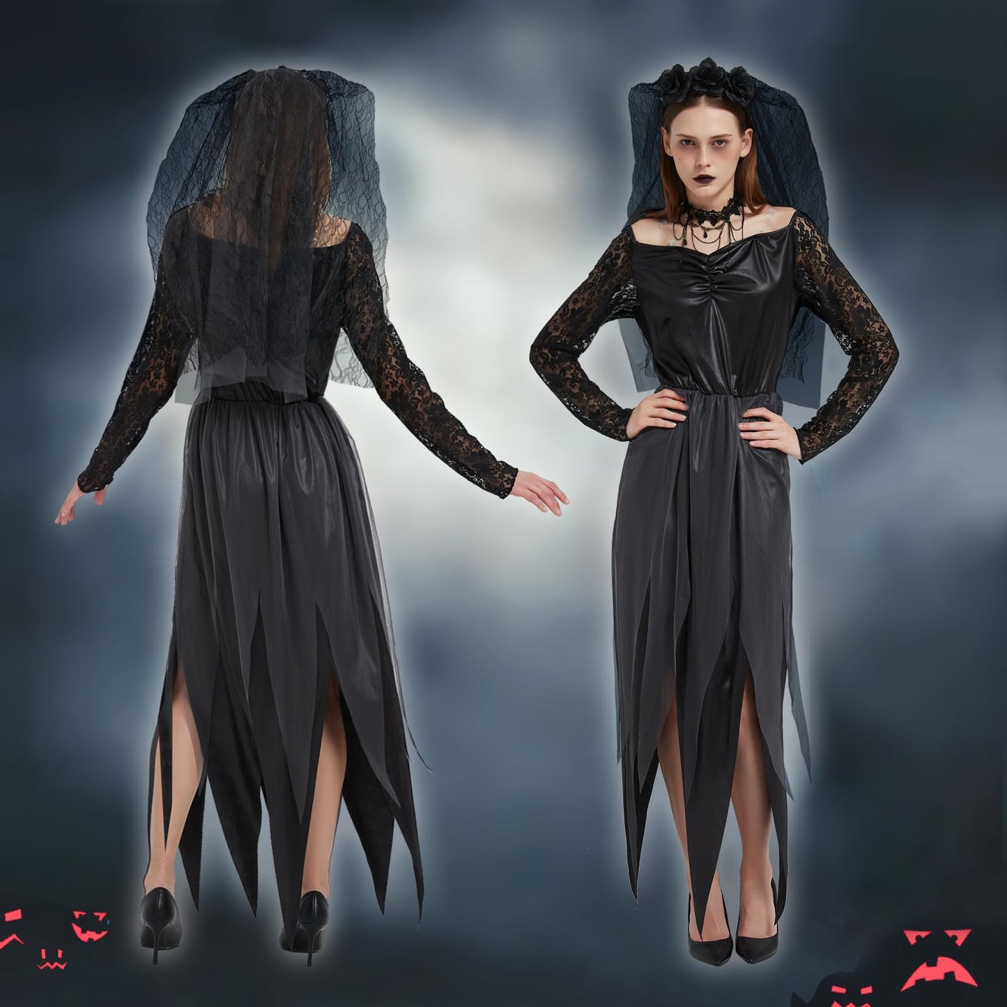 Disfraz de Novia Zombie Mujer, Disfraz de Novia Cadaver, Vestido de Novias Fantasma con Velo y Collar, Vestido Halloween de Mujer, Traje Novias Muerta para Halloween Carnaval Cosplay (M)