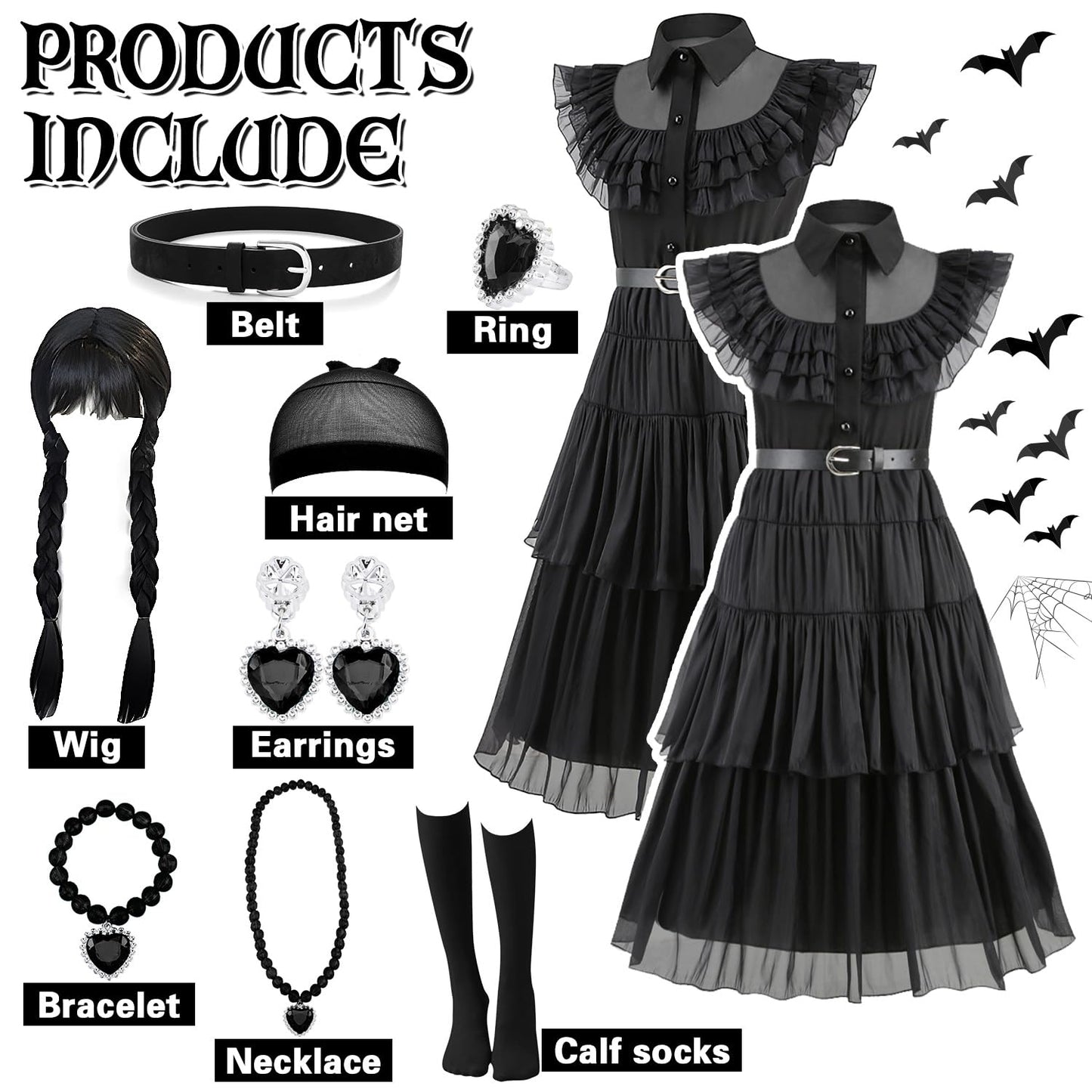 Disfraz Halloween para Niña, 8pzs. Halloween Disfraz Vestido con Peluca y Accesorios de Joyería, Vestido Costume Niña 4-5 Años para Cumpleaños halloween Carnaval Cosplay Fiesta, 110cm