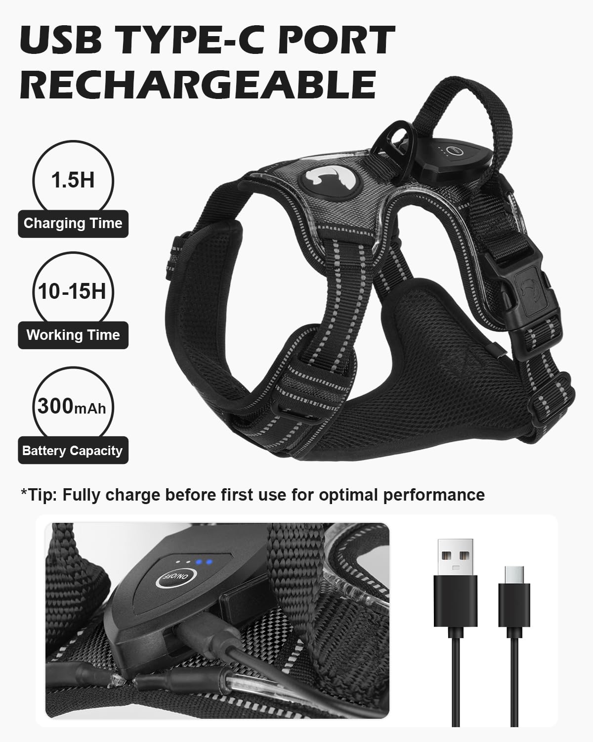 Arnés Luminoso Recargable para Pequeño Mediano y Grande, Arnés Reflectante LED sin Tirador con Asa Ajustable para Paseos Nocturnos, Negro-Azul, S