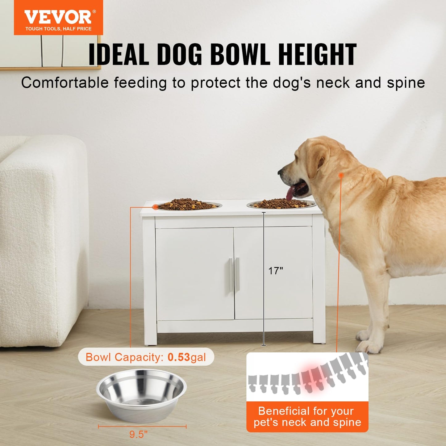 VEVOR Estación de Alimentación 60x30x44 cm Comedero Elevado para Perros con 2 Cuencos de Acero Inoxidable Armario de Madera para Comida para Mascotas con Puerta Doble para Perros Grandes, Blanco