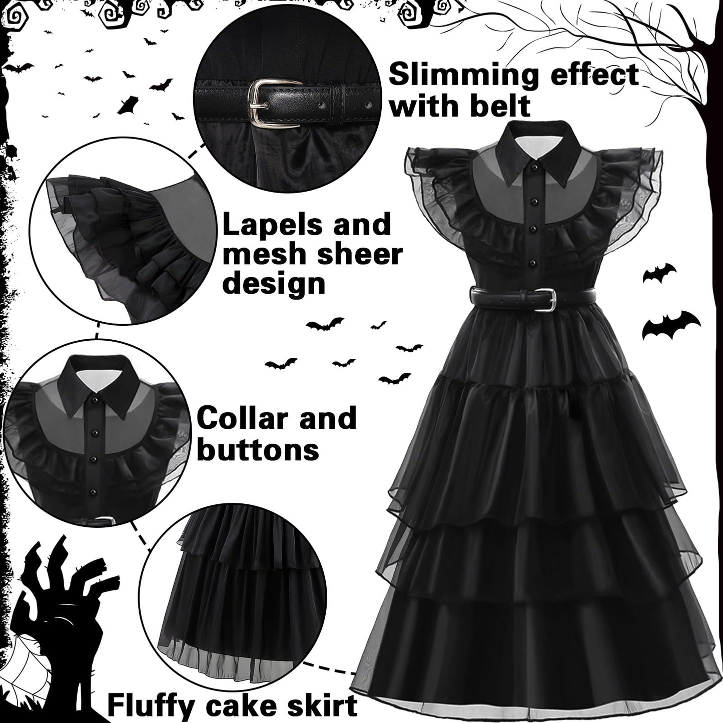 Disfraz Halloween para Niña, 8pzs. Halloween Disfraz Vestido con Peluca y Accesorios de Joyería, Vestido Costume Niña 4-5 Años para Cumpleaños halloween Carnaval Cosplay Fiesta, 110cm
