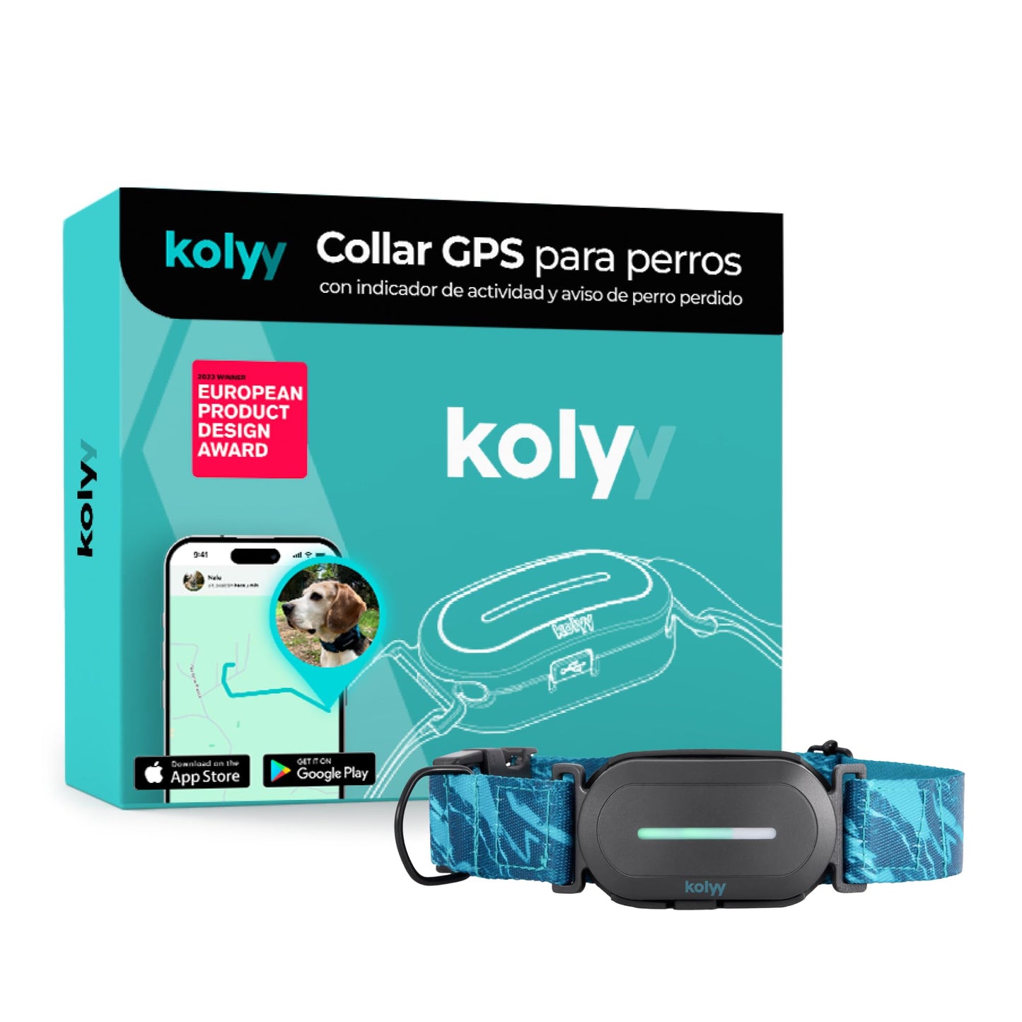 Kolyy Series 2 - Collar GPS para Perros Hecho en España - Localizador GPS Perros con Control vía App - Localización en Tiempo Real y sin Límite de Distancia –Control Actividad, Reposo, Paseos y Rutas