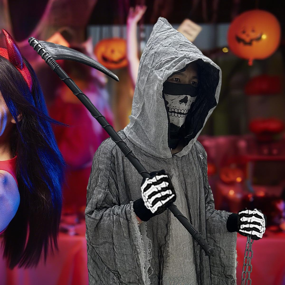 Disfraz de Parca,Disfraz de Parca para Halloween,Halloween Disfraz de Segador,Máscara de Esqueleto, Guantes y Hoz,Cadena,Ideal para Fiesta de Halloween, Carnaval y Cosplay (Gris)