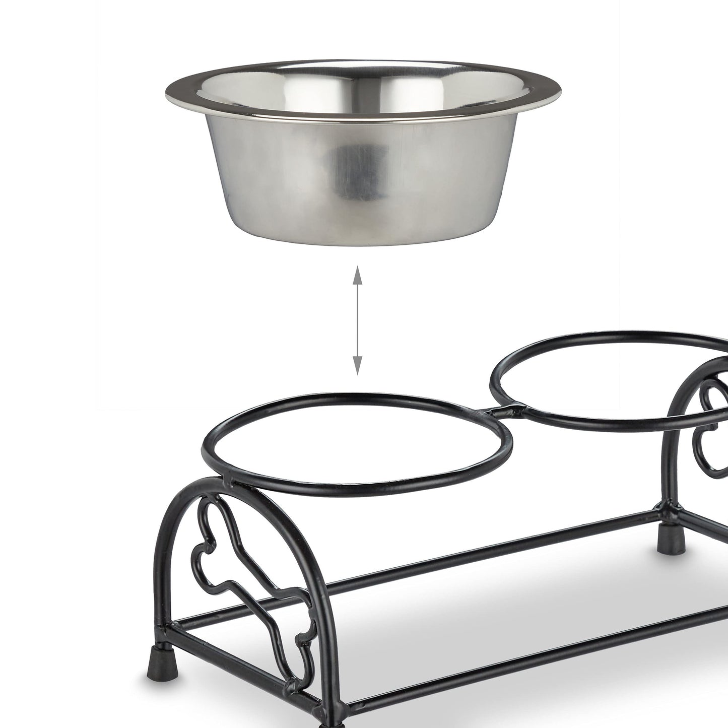 Relaxdays Set Comederos Perro con Soporte Elevado, Bebedero Mascota, 2 Cuencos Cachorro, Acero 300ml, Negro/Plateado
