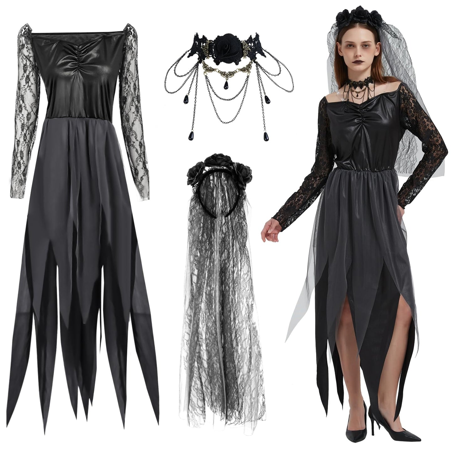 Disfraz de Novia Zombie Mujer, Disfraz de Novia Cadaver, Vestido de Novias Fantasma con Velo y Collar, Vestido Halloween de Mujer, Traje Novias Muerta para Halloween Carnaval Cosplay (M)