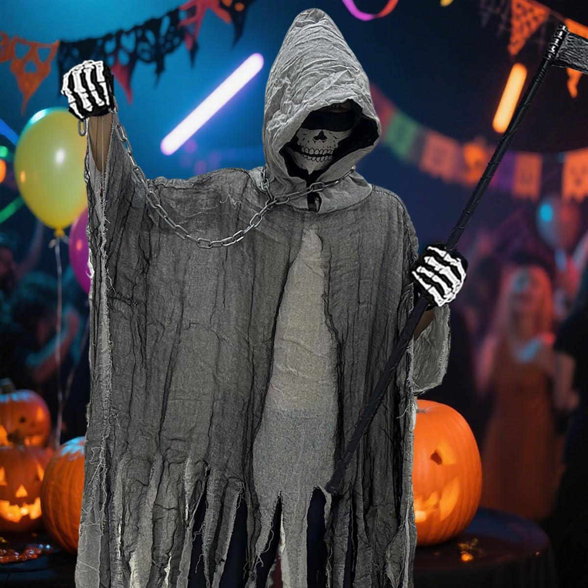 Disfraz de Parca,Disfraz de Parca para Halloween,Halloween Disfraz de Segador,Máscara de Esqueleto, Guantes y Hoz,Cadena,Ideal para Fiesta de Halloween, Carnaval y Cosplay (Gris)