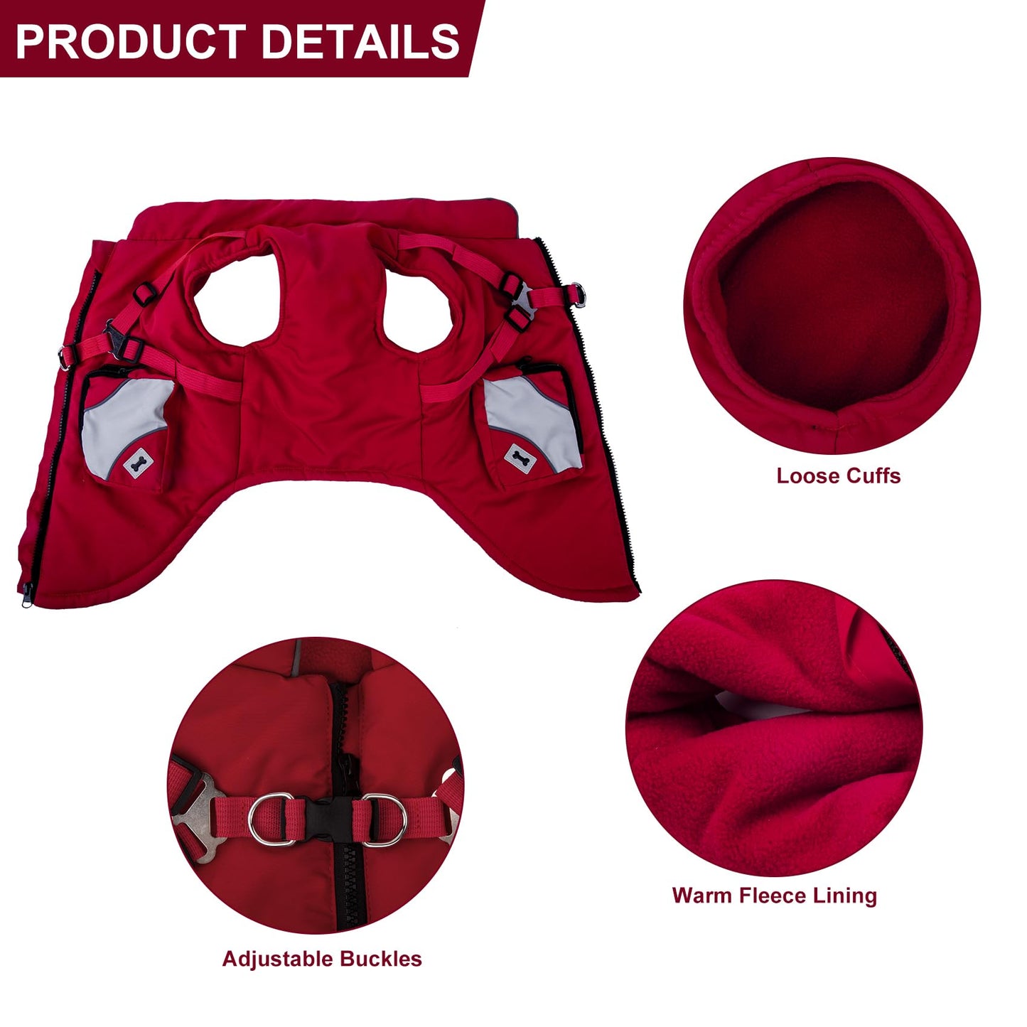 Abrigo para Perro Pequeño con Correa, Chaqueta de Invierno, Regalos (XXL, Rojo)