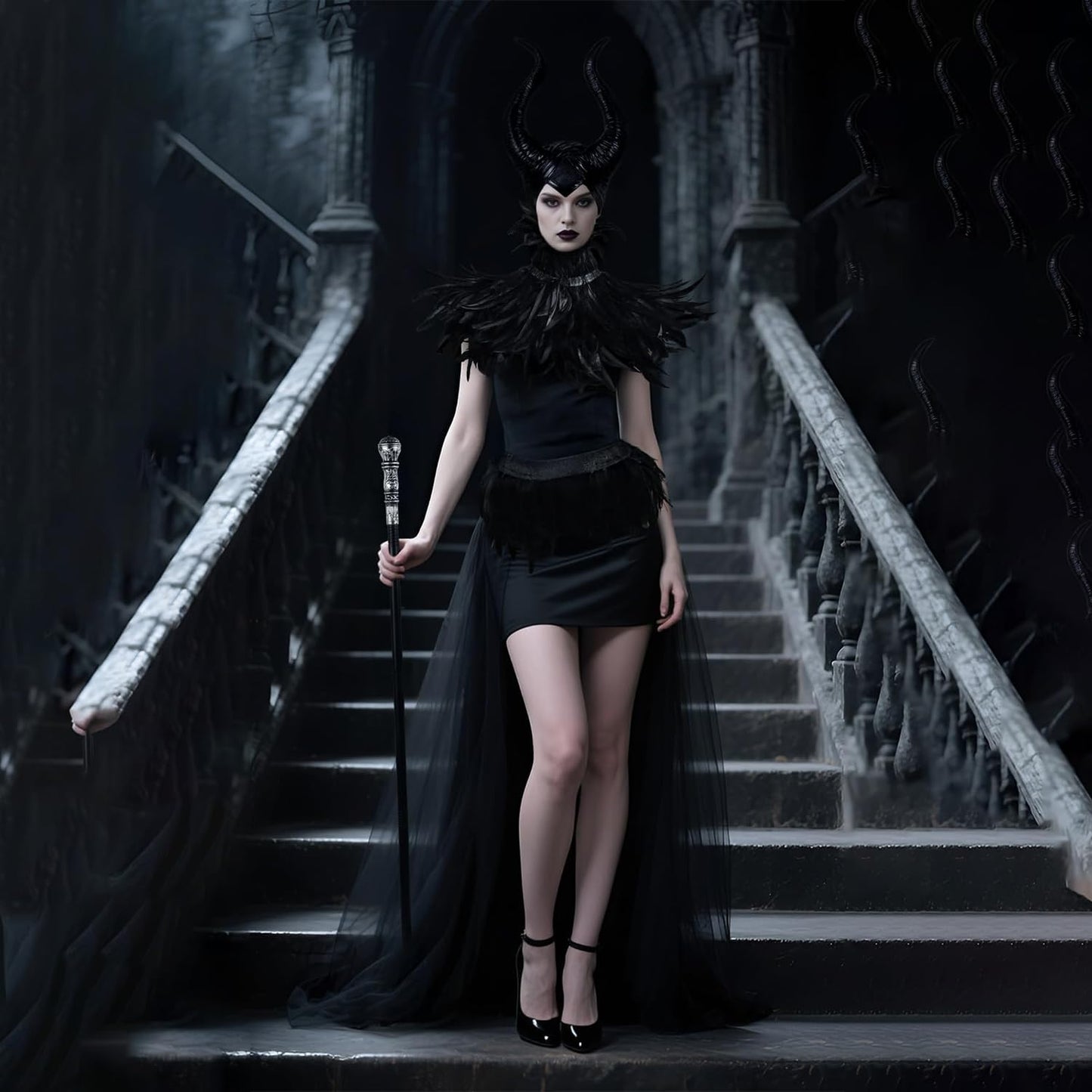 YeahBoom Disfraz Malefica Mujer, Reina Bruja Malvada Vestido Gótico Maléfica para Adulto con Cuernos Negro Plumas Capa y Guantes para Halloween Carnaval Fiesta de Cosplay Costume Medieval