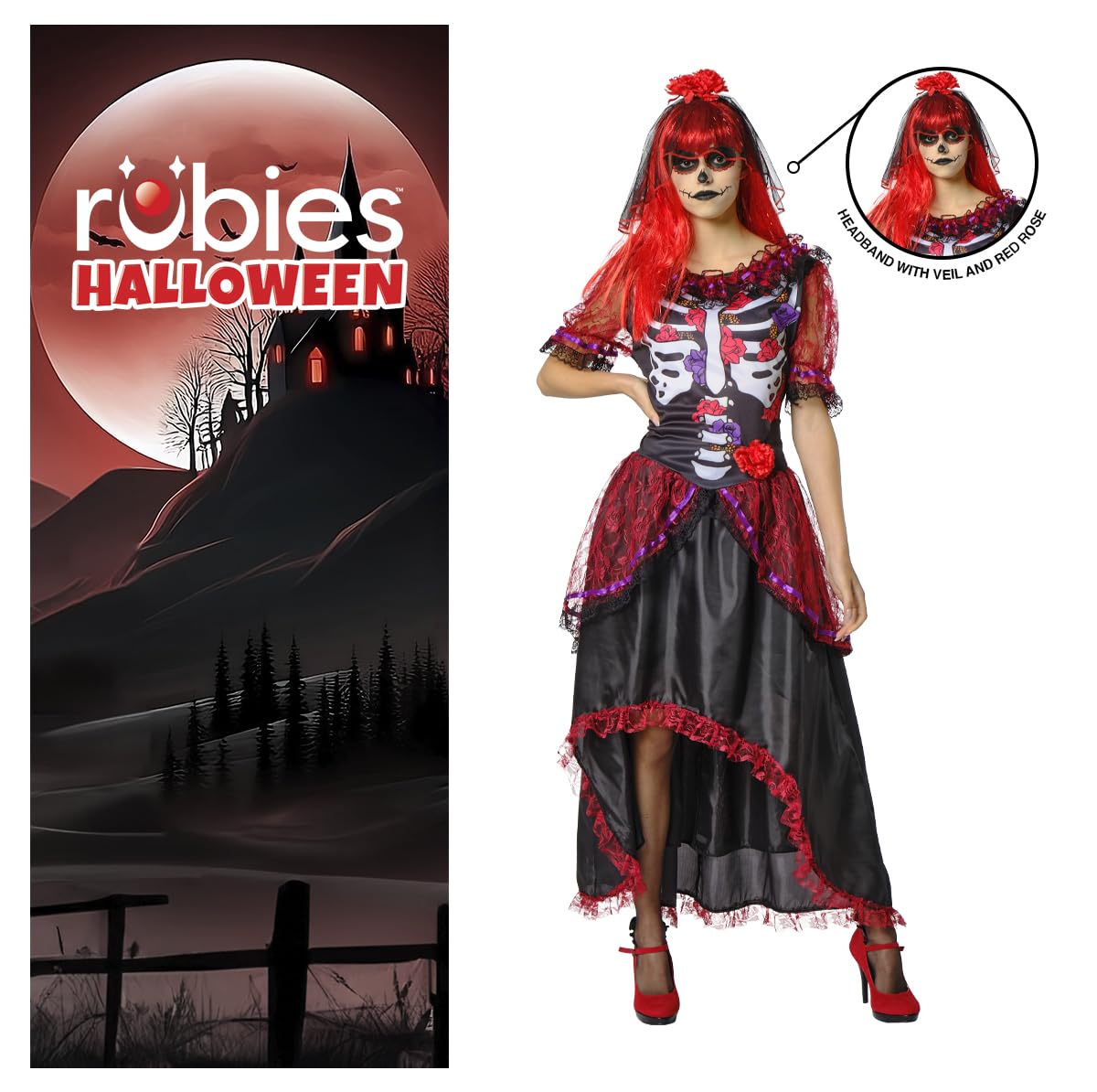 Disfraz La Catrina para mujer, Vestido impreso y diadema con velo, Oficial Halloween, Carnaval, Fiestas y cumpleaños