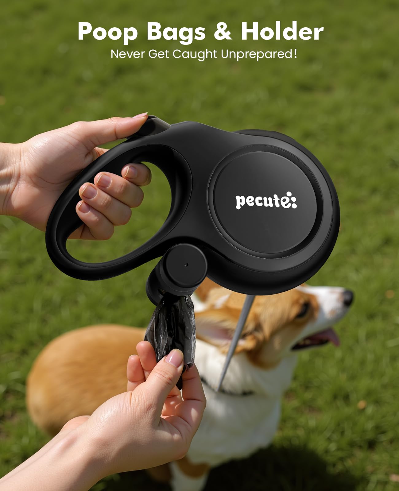 Correa Perro Extensible 8 Metros, Correa Larga Perro para 15-50 kg, 360° Antienredos,con Bolsas Higiénicas y Portabolsa|Paseo de Perros, Entrenamiento, días de Iluvia, Negro