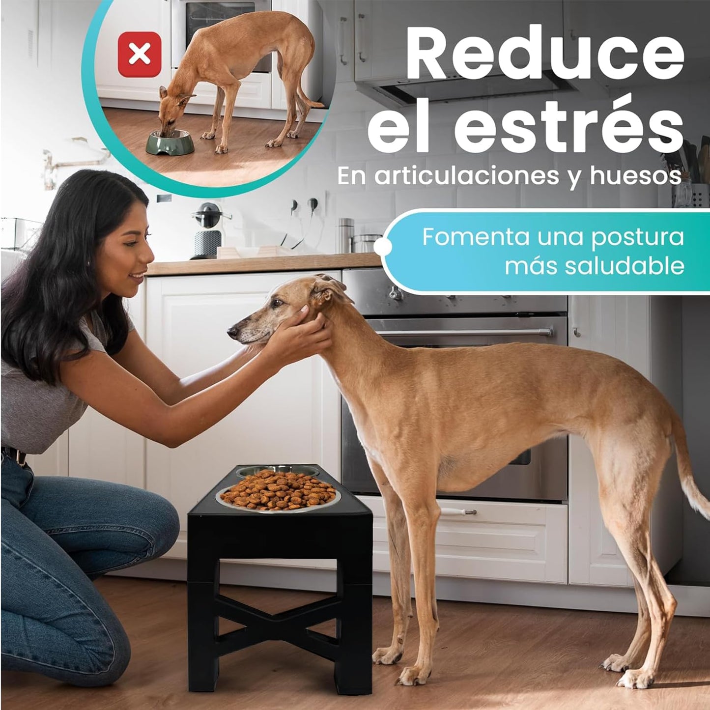 NOVARKA® Mega Comedero Perro Elevado con 5 Alturas | Incluye Bebedero de Acero Inoxidable y Comedero Perro Antivoracidad | Kit Premium Que Incluye Alfombra Antideslizante y Pala Carga Pienso
