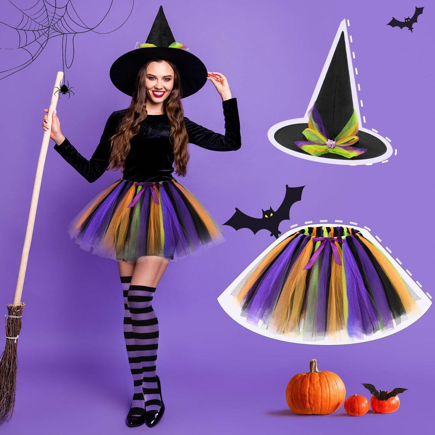 Disfraz Bruja Mujer,Neon Falda Tutú Gorro Bruja y Medias Disfraces Halloween Witch Costume Adulto Disfraces Carnaval Cosplay