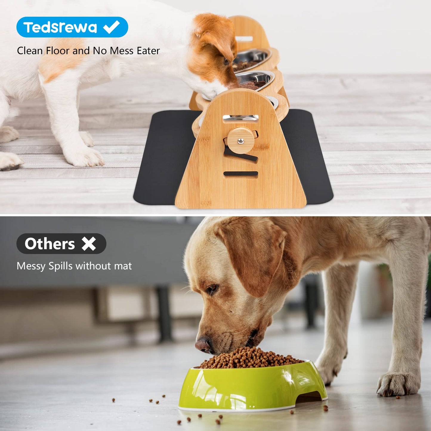 Tedsrewa 3X comedero Gato Elevado,Regulable en 4 Alturas, 300 ml, bebederos para Perros,con Elegante Soporte de bambú y Mantel Individual.