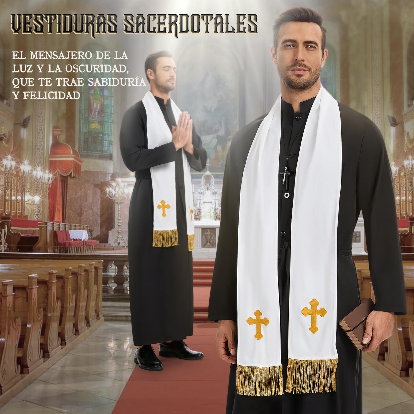 Disfraz Cura Hombre, Disfraz Halloween Hombre Adulto, Disfraz de Cura Hombre con Estola, Cadena con Cruz, Cinturón y Caja para Guardar la Biblia para Halloween Carnaval Cosplay (L)
