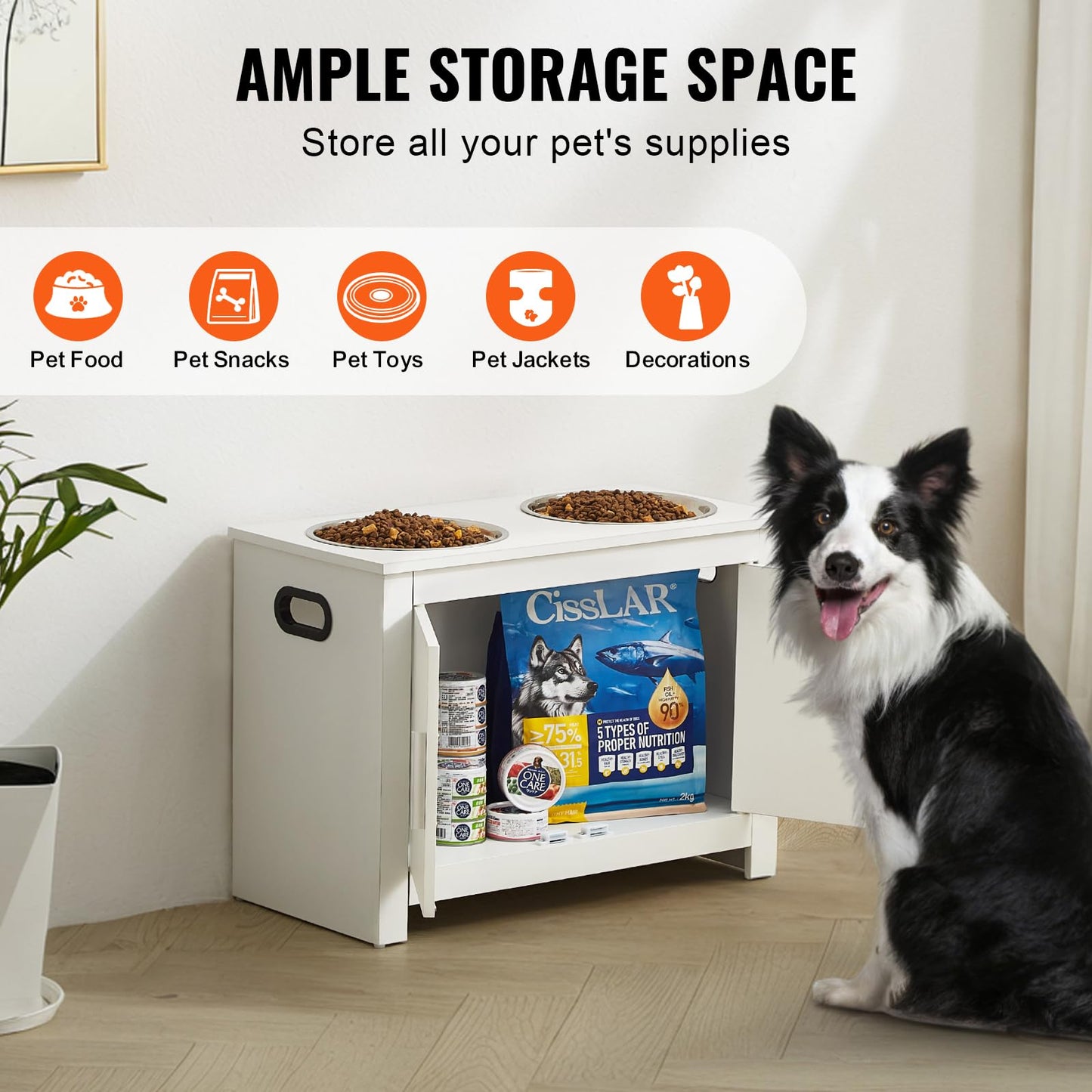 VEVOR Estación de Alimentación 60x30x44 cm Comedero Elevado para Perros con 2 Cuencos de Acero Inoxidable Armario de Madera para Comida para Mascotas con Puerta Doble para Perros Grandes, Blanco