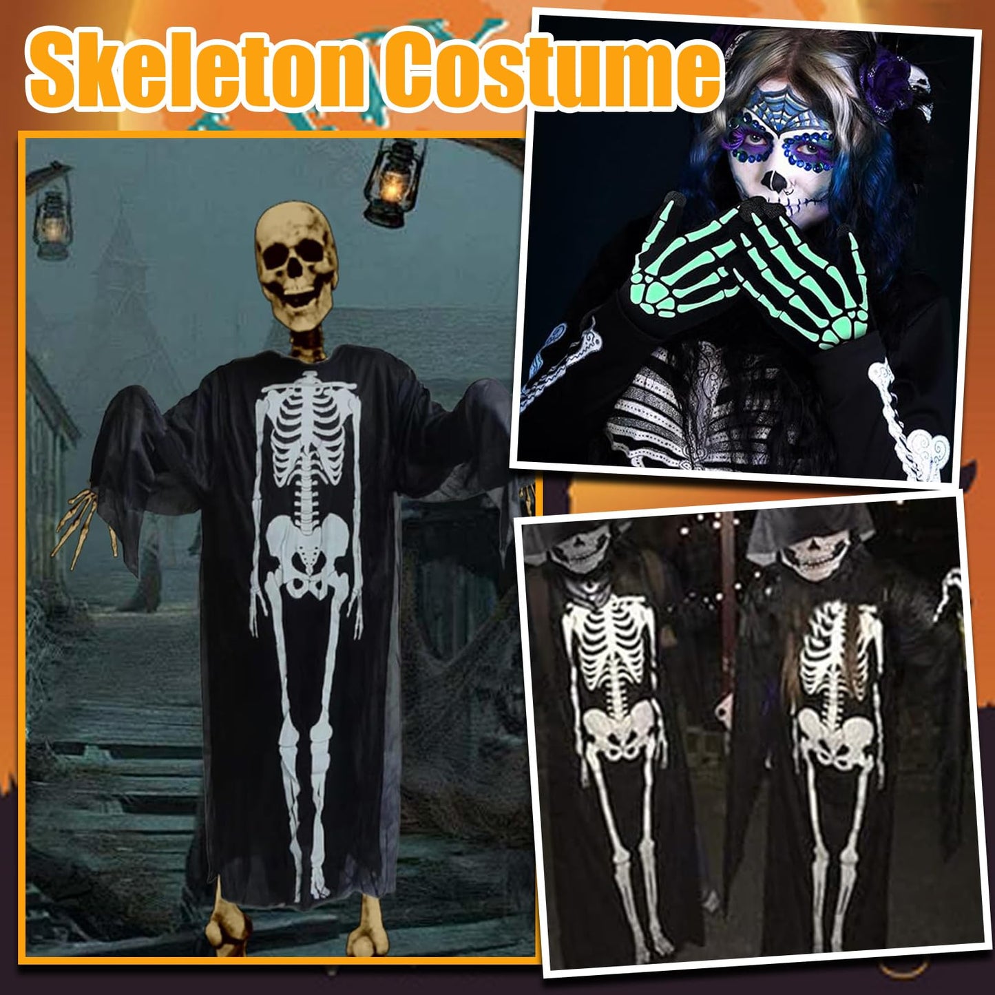 Disfraz con Guantes y Máscara Disfraz Esqueleto Mujer Terror disfrazs halloween hombre Ligero para Carnavales Casas Embrujadas Obras Teatro Cosplay Accesorios Fotografía