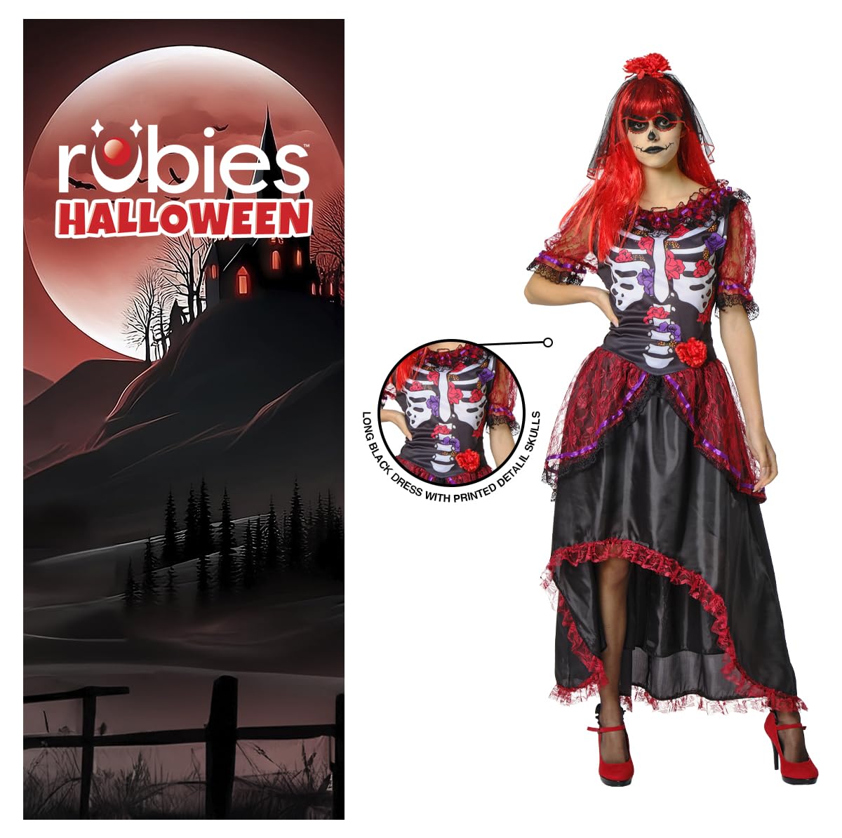 Disfraz La Catrina para mujer, Vestido impreso y diadema con velo, Oficial Halloween, Carnaval, Fiestas y cumpleaños