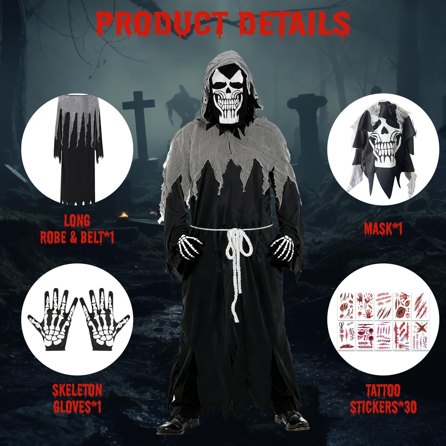 Disfraz Halloween De Adulto, Disfraces Costume Con Máscara De Calavera, Guantes, Disfraz Fantasma Adulto Con 30 Pegatinas Tatuaje Para Fiesta De Halloween y 165-185cm(XL)