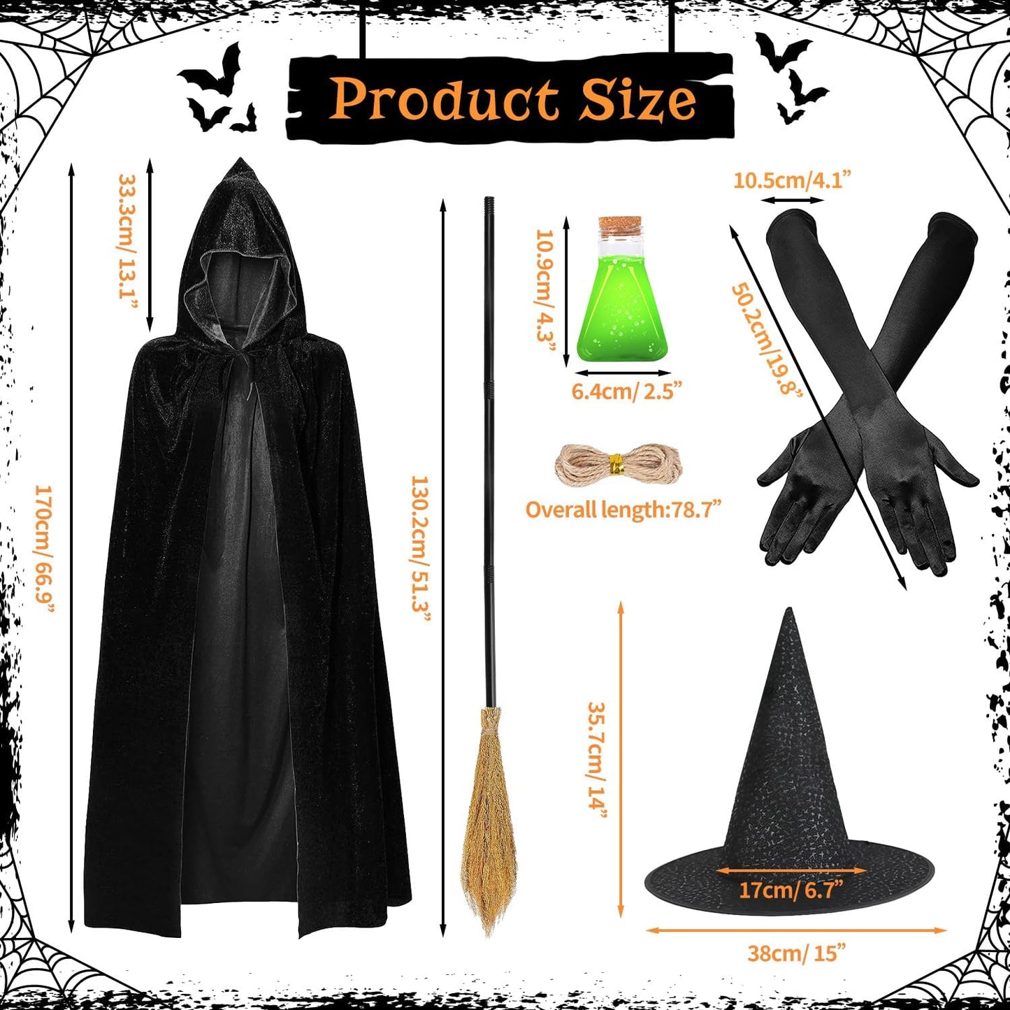Halloween Disfraz Mujer Sombrero De Bruja Capa 170 cm Escoba Guantes Bruja Para Botella Poción Halloween Disfraz Fiesta Temática Disfraces Diablo Mujer