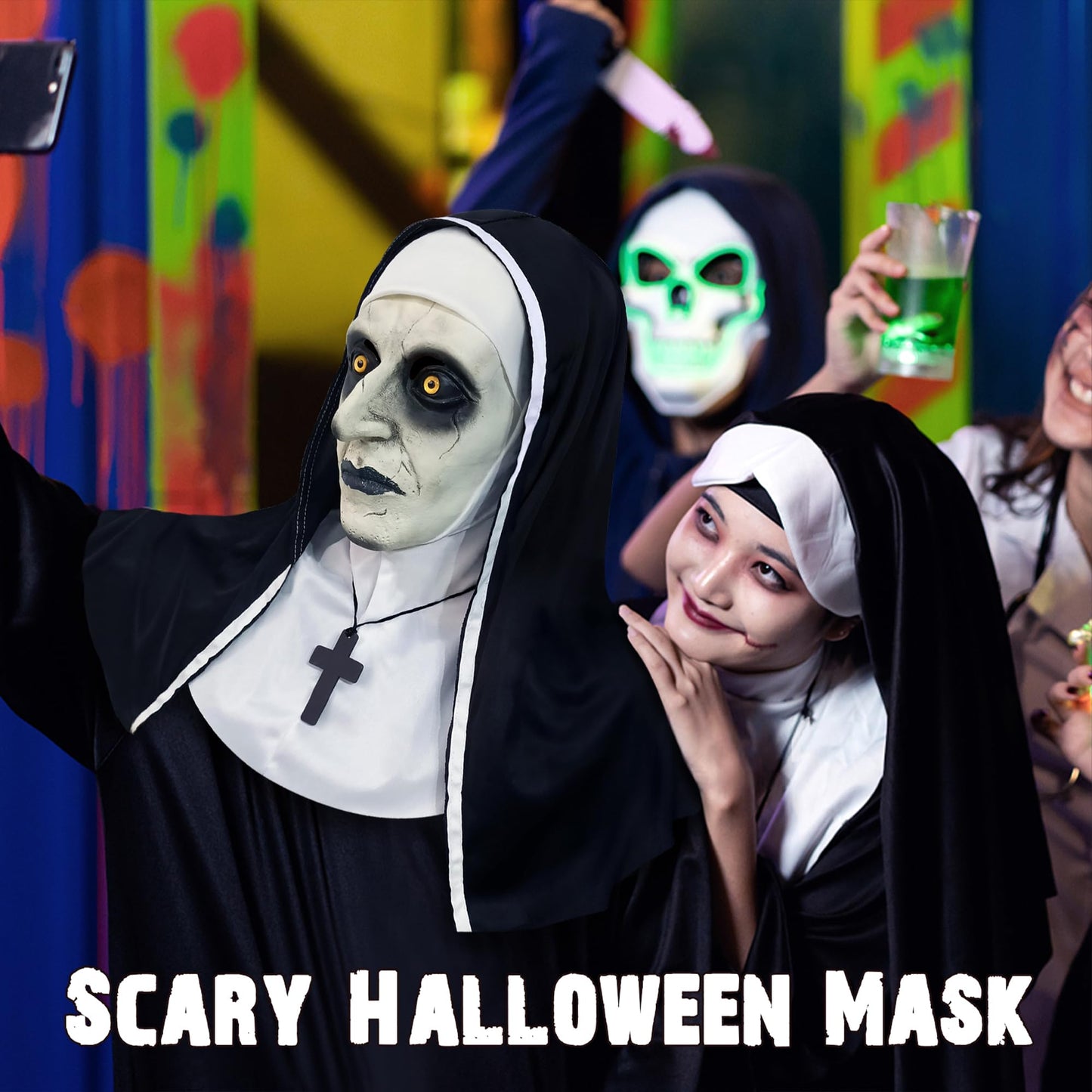Disfraz Orgoue Máscara de Monja Aterradora para Halloween - Disfraz de Látex Espeluznante para Mujeres y Adultos - Cosplay