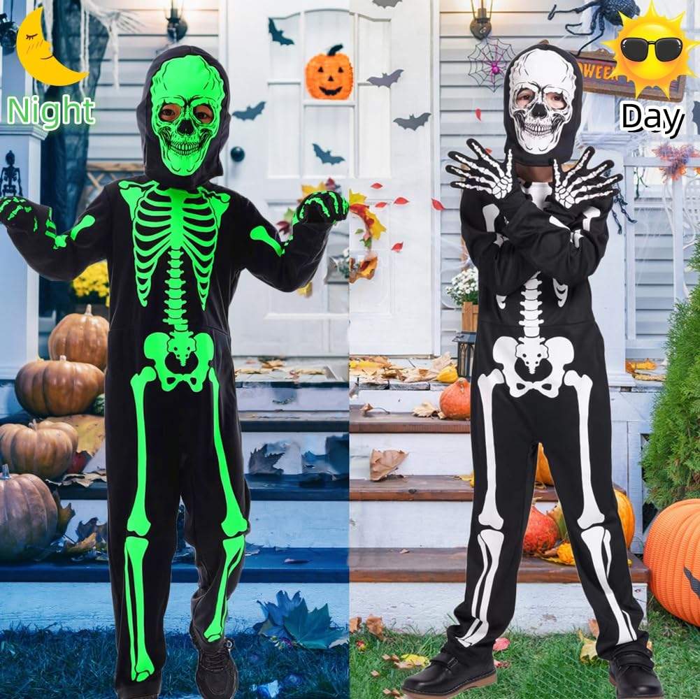 Disfraz de Esqueleto para Niños que Brilla en la Oscuridad Niño Niña Halloween Terrorífico Body con Capucha de Esqueleto Guantes,3/5 Años