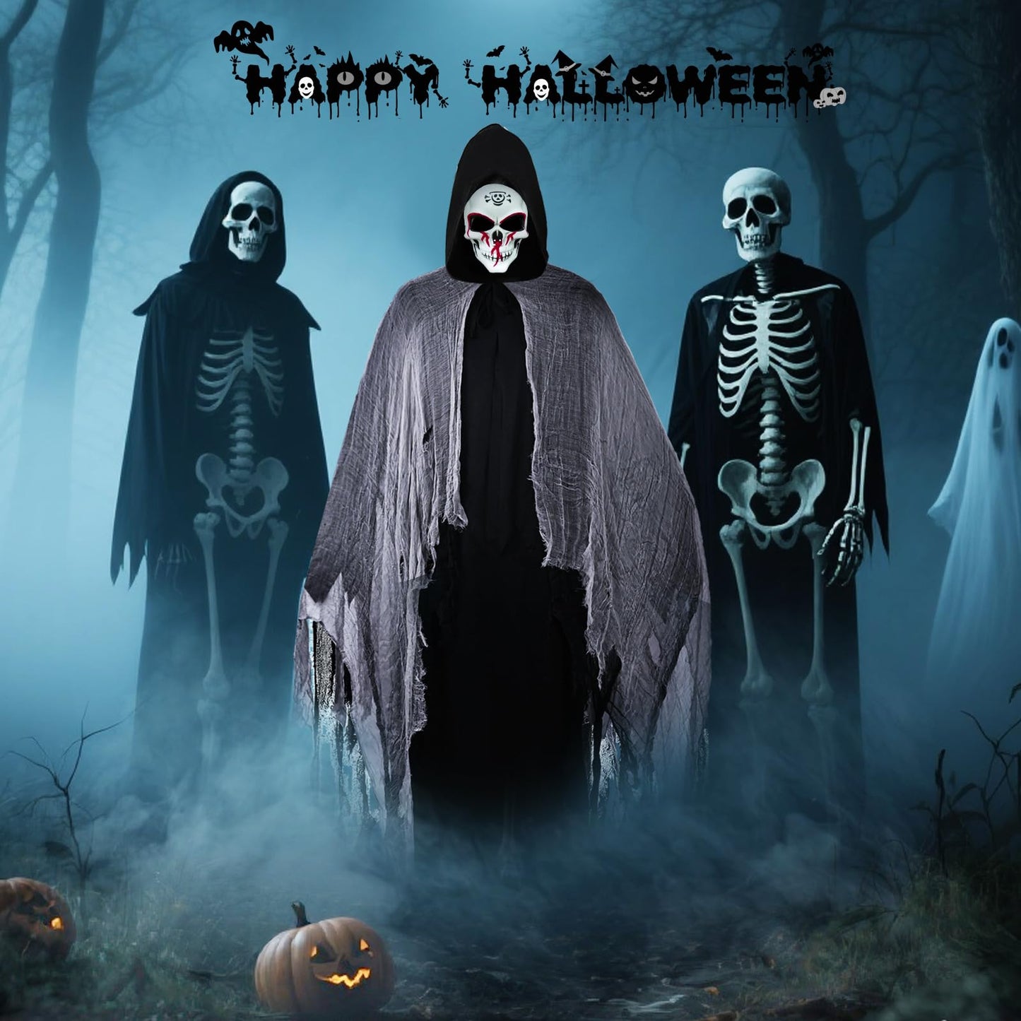 Disfraz de Parca para Hombre, Costume da Fantasma per Halloween con Máscara y Pegatinas, Disfraz Miedo Adulto Nero, Costume Espeluznante per Halloween, Carnevale, Festa di Hallowee,Cosplay