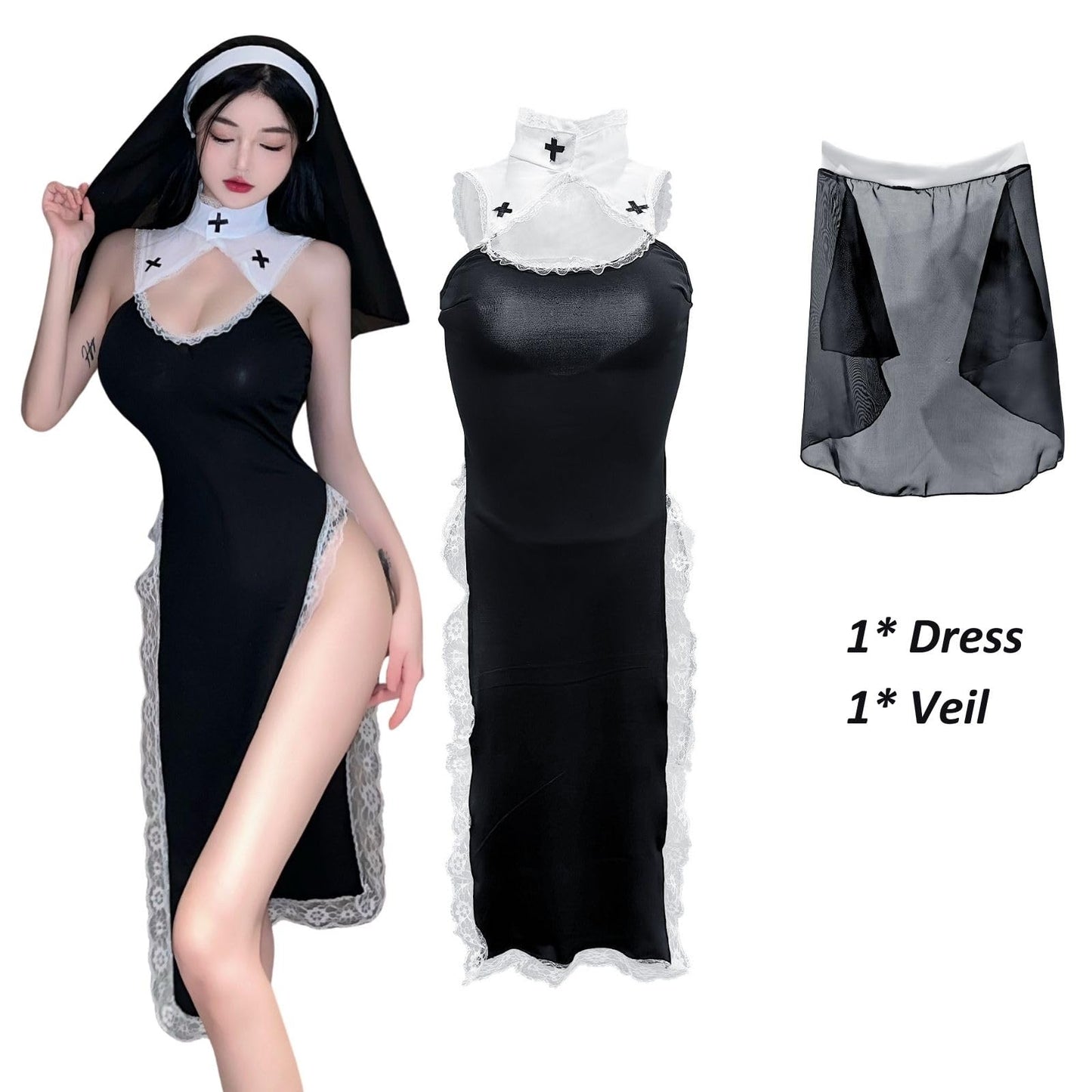 Disfraz de Monja Sexy Mujer Lencería Cosplay Vestido Ajustado de Cuero Abertura Alta, Ropa Interior Monja Uniforme Anime Juego de Rol Diabólico Hot Pijama Babydoll Halloween Fiesta Carnaval (Negro1)