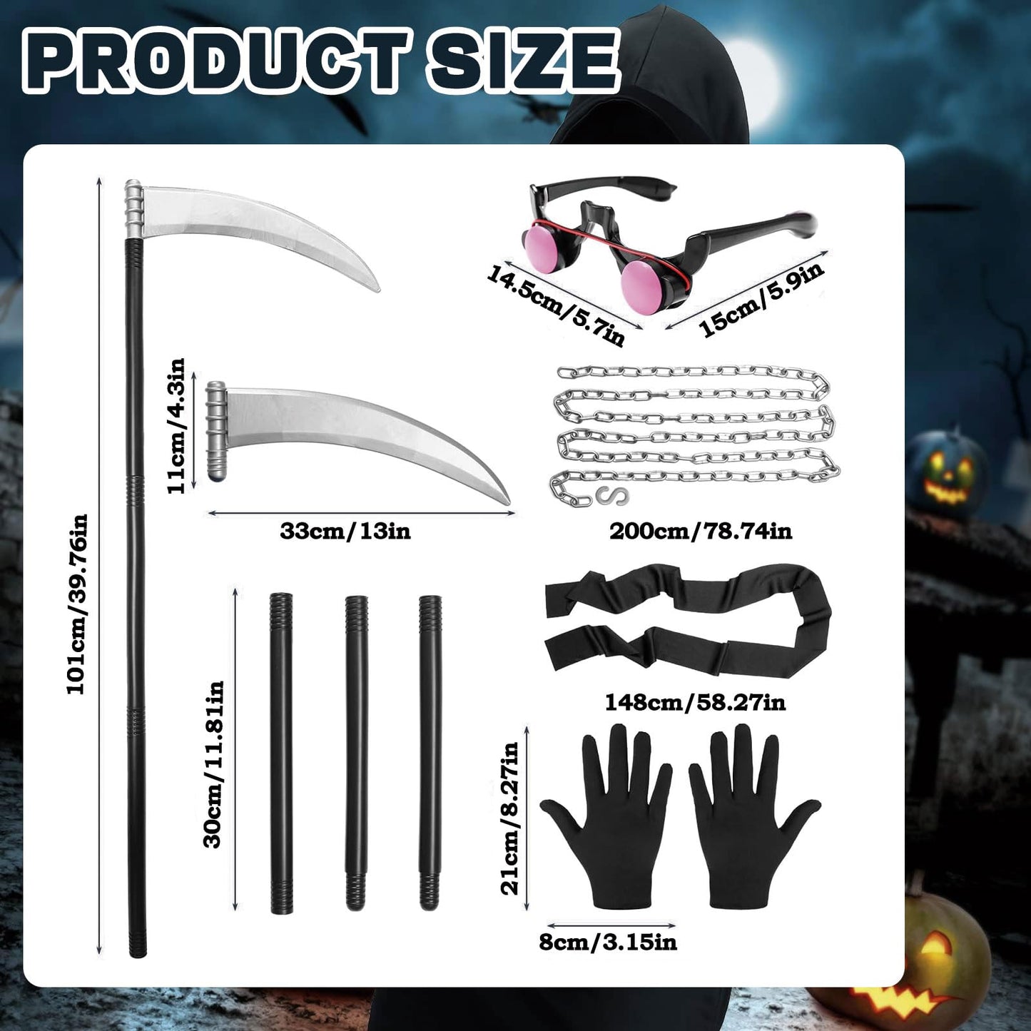 Disfraz Halloween Niño Muerte, Disfraz de la Muerte niño, Incluye Gafas Luminosas + Guadaña de la Muerte + Vadena + Guantes, Adecuado Para niños de 5 a 14 años