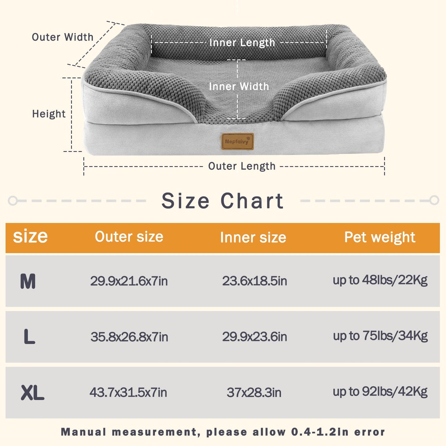 Nepfaivy Cama grande impermeable para perro, ortopédica con cojines de almohada, 91 x 68 cm, sofá cama grande suave para perros con fundas extraíbles y lavables, color gris oscuro