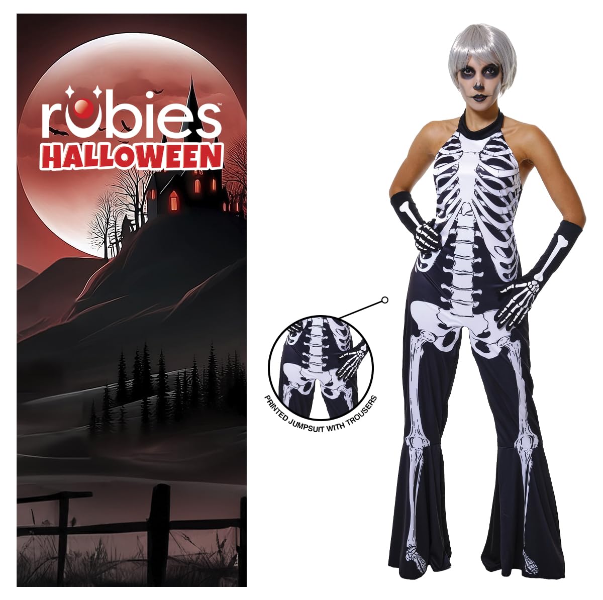 Disfraz Esqueleto para mujer, Jumpsuit con pantalones de campana y guantes, Oficial Halloween, Carnaval, Fiestas y Cosplay, Talla única